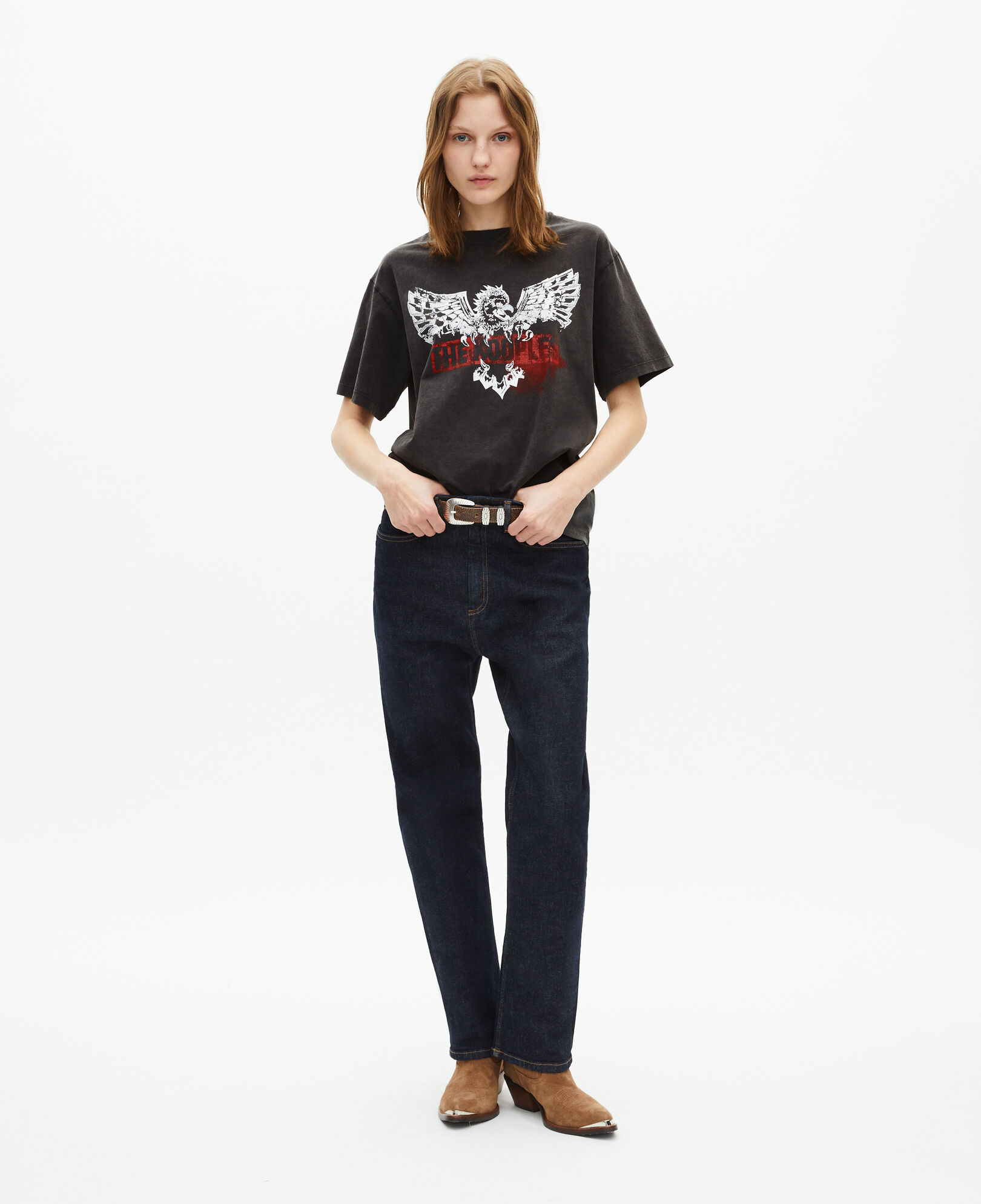 The Kooples WOMEN BLACK WASHED faded black screen print women's t-shirt