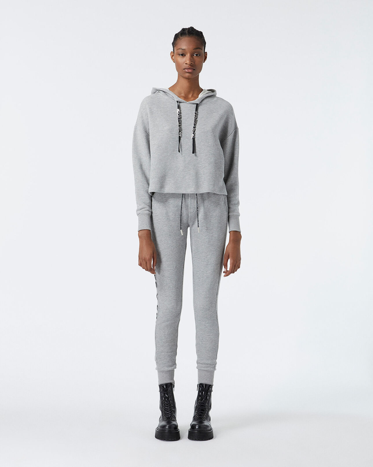 The Kooples FEMME LIGHT GREY MELANGE sweat gris à capuche et cordon imprimé
