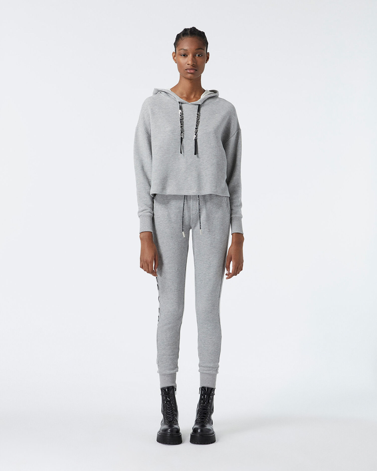 Sweat gris à capuche et cordon imprimé, LIGHT GREY MELANGE, hi-res image number null