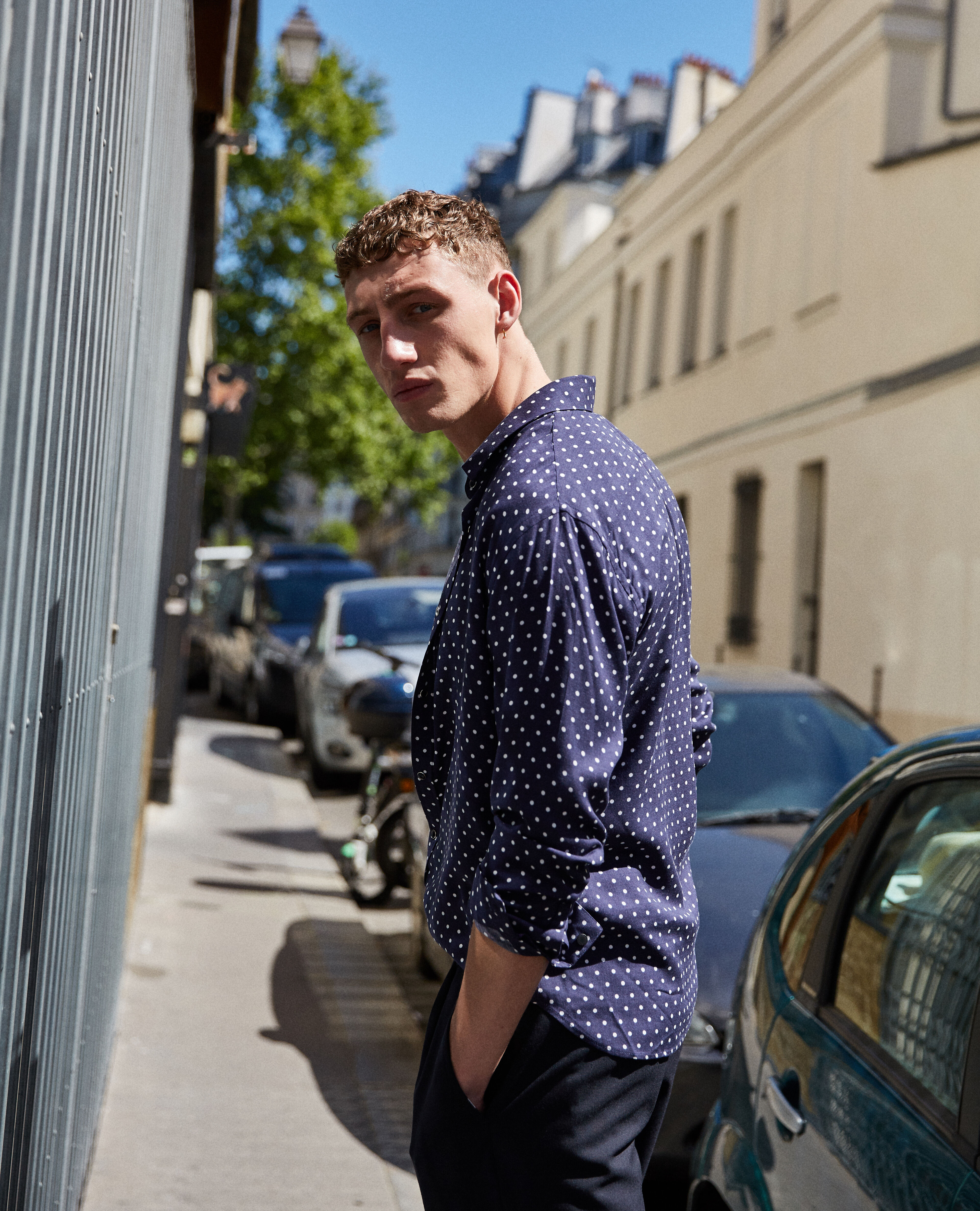 Blue white polka dot shirt sales
