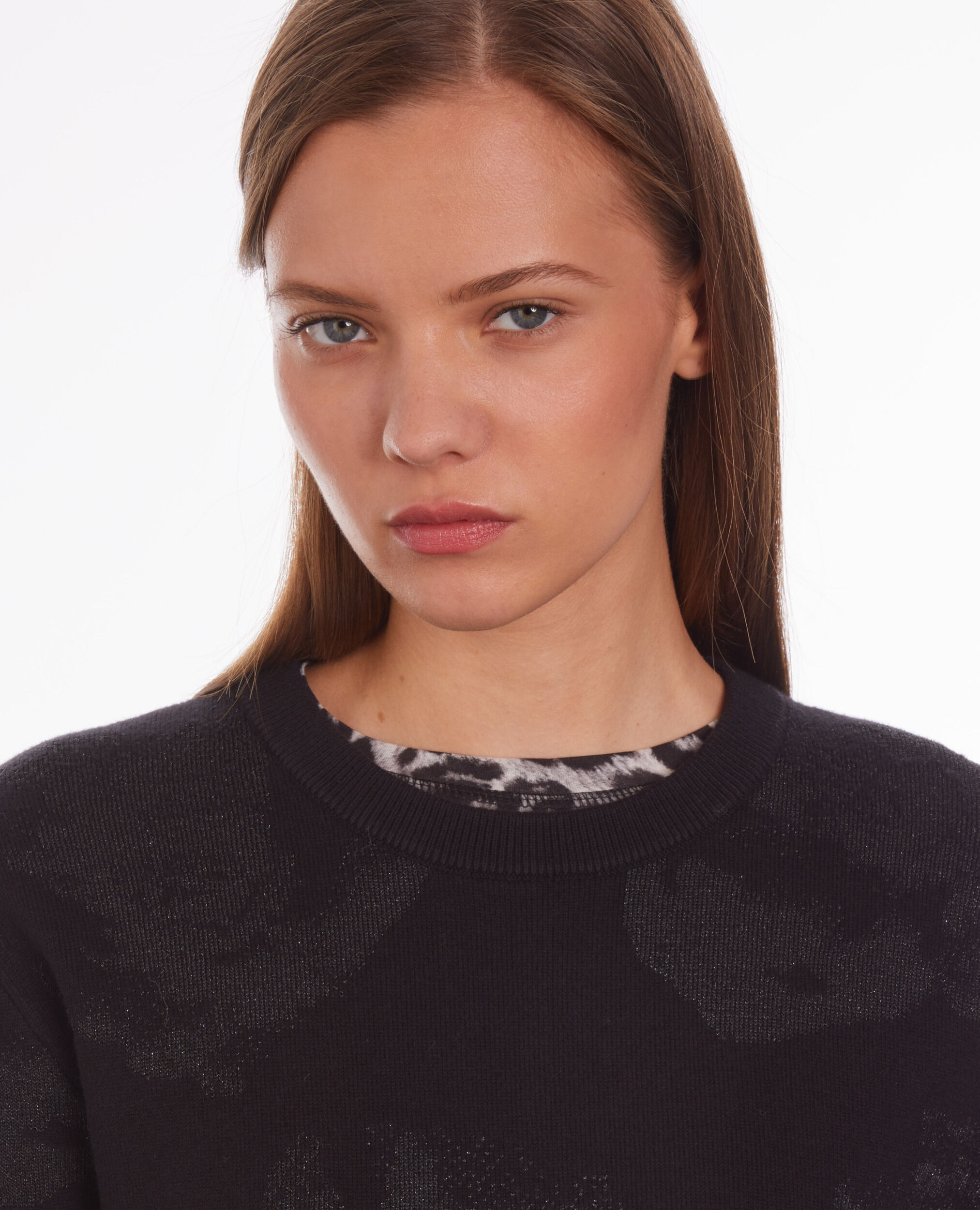 Pull noir en laine mélangée avec motifs argentés, BLACK/BLACK, hi-res image number null