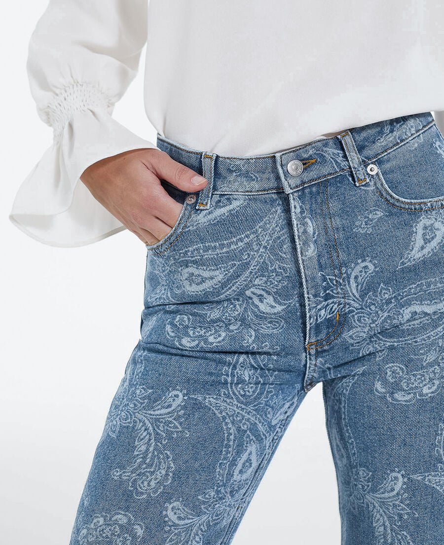 The Kooples FEMME BLUE DENIM jean droit cropped motif cachemire délavé