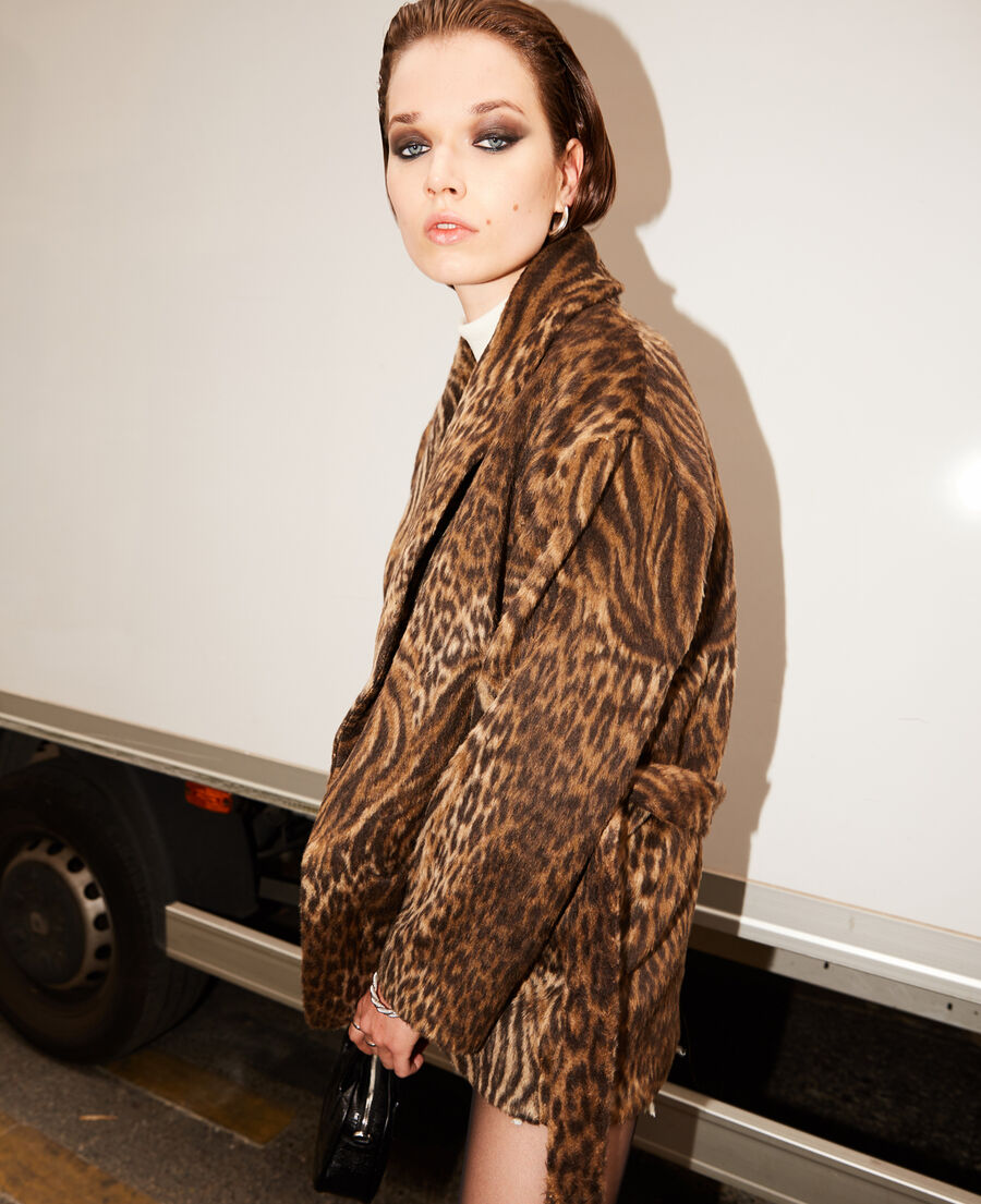short belted wool leopard coat