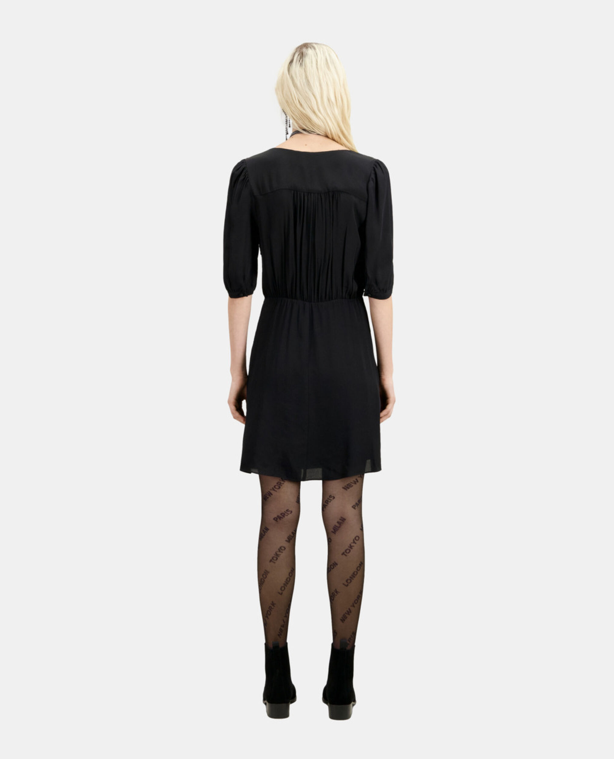Robe courte noire en soie effet drapé, BLACK, hi-res image number null