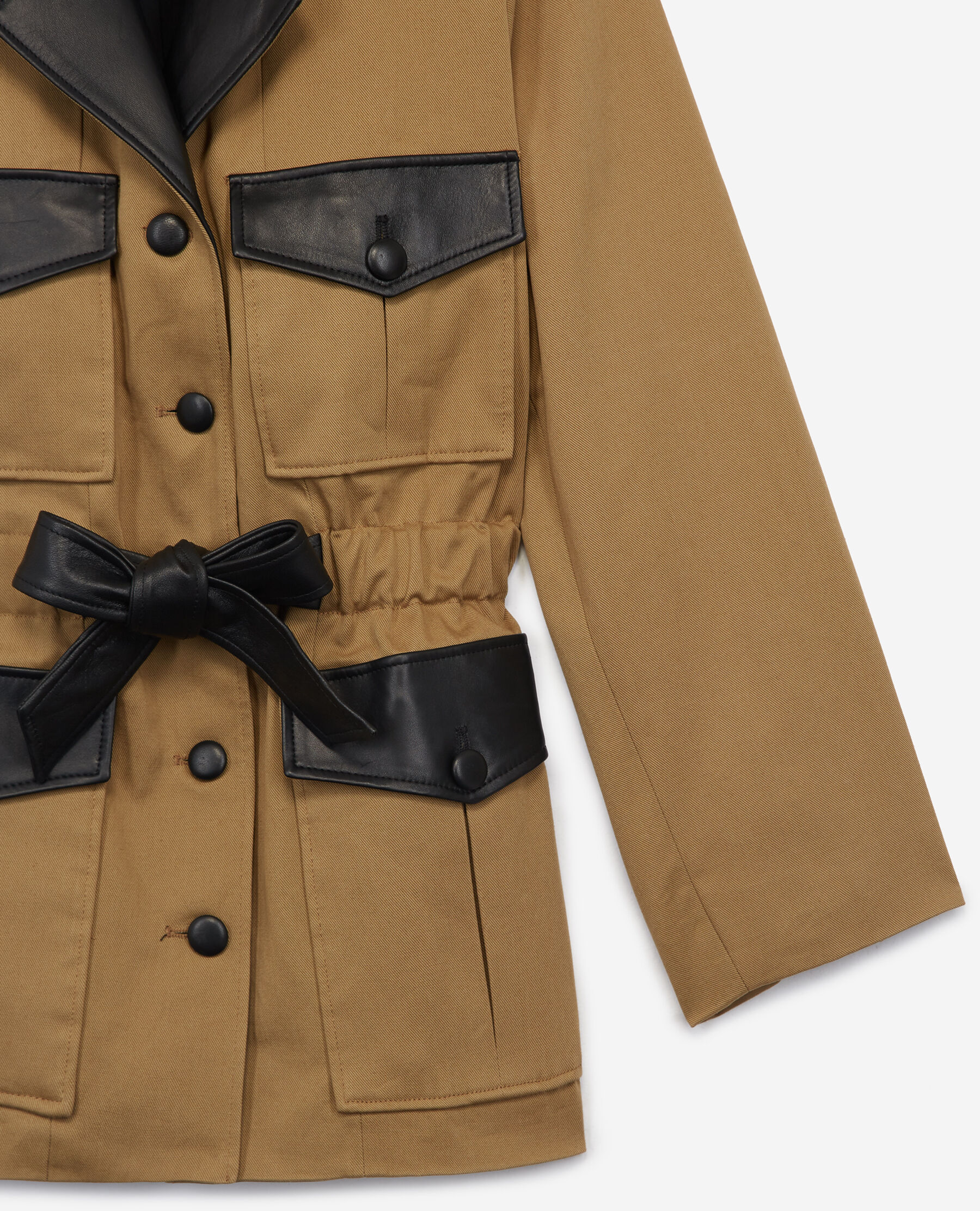 Beige cotton jacket with belt and leather The Kooples UK