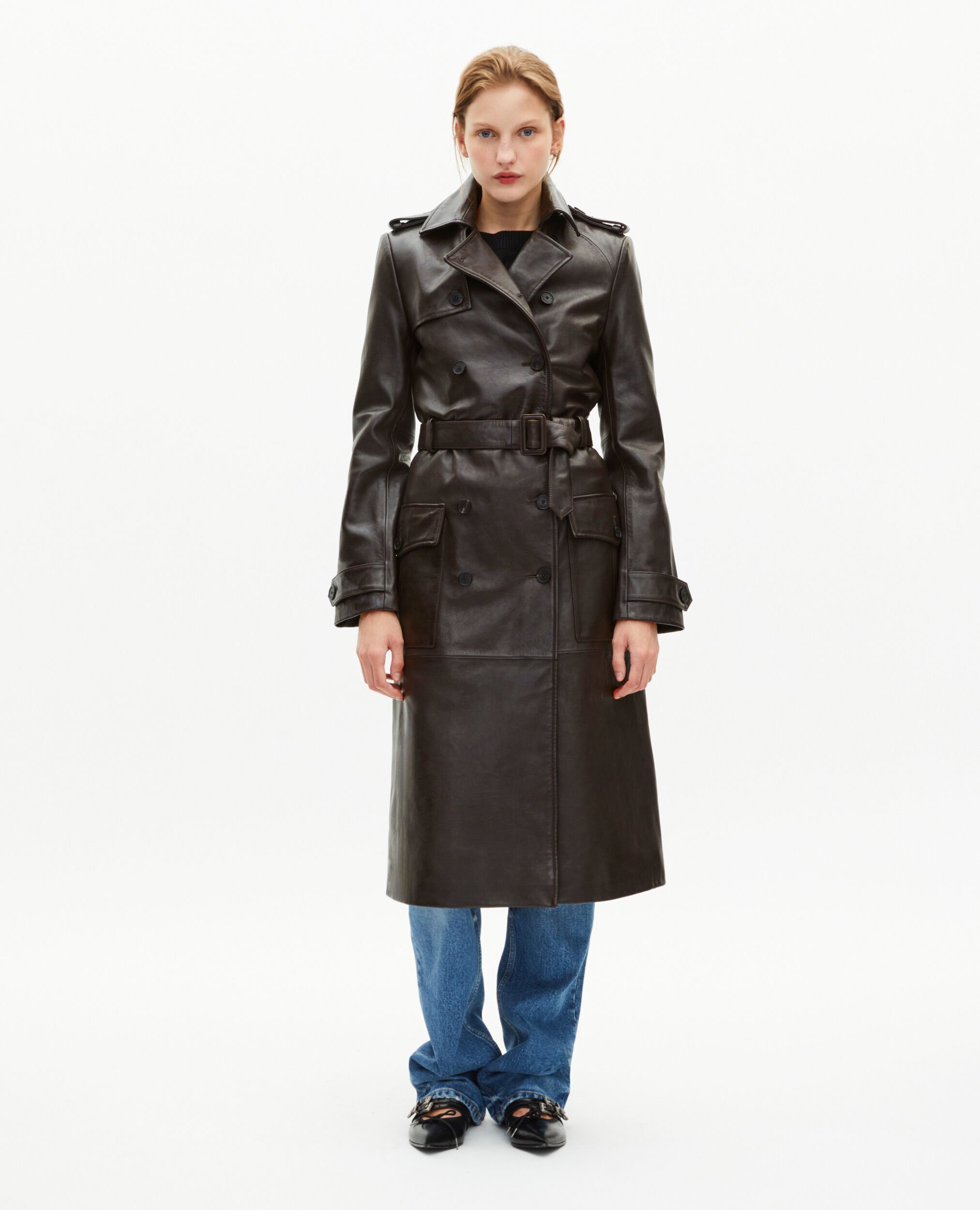 Long brown leather trench coat, DARK BROWN MELANGE, hi-res image number null