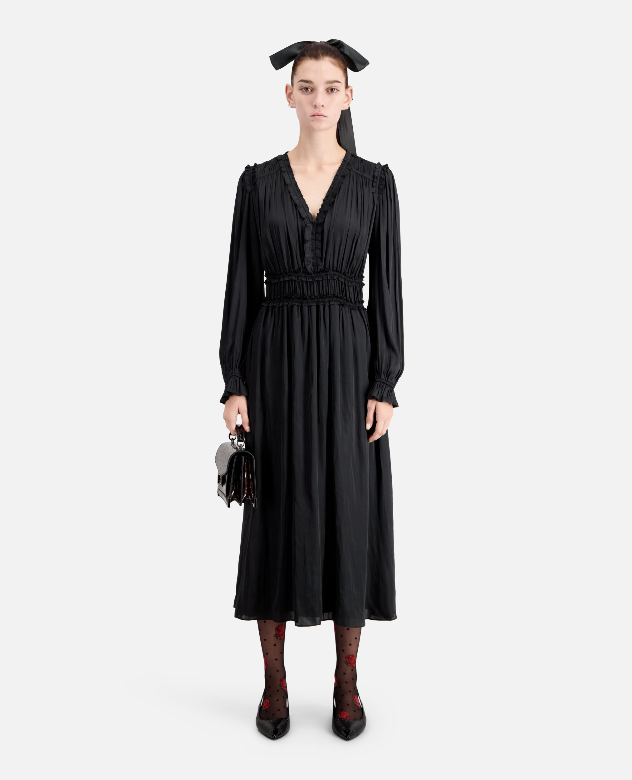 Robe longue noire avec fronces, BLACK, hi-res image number null