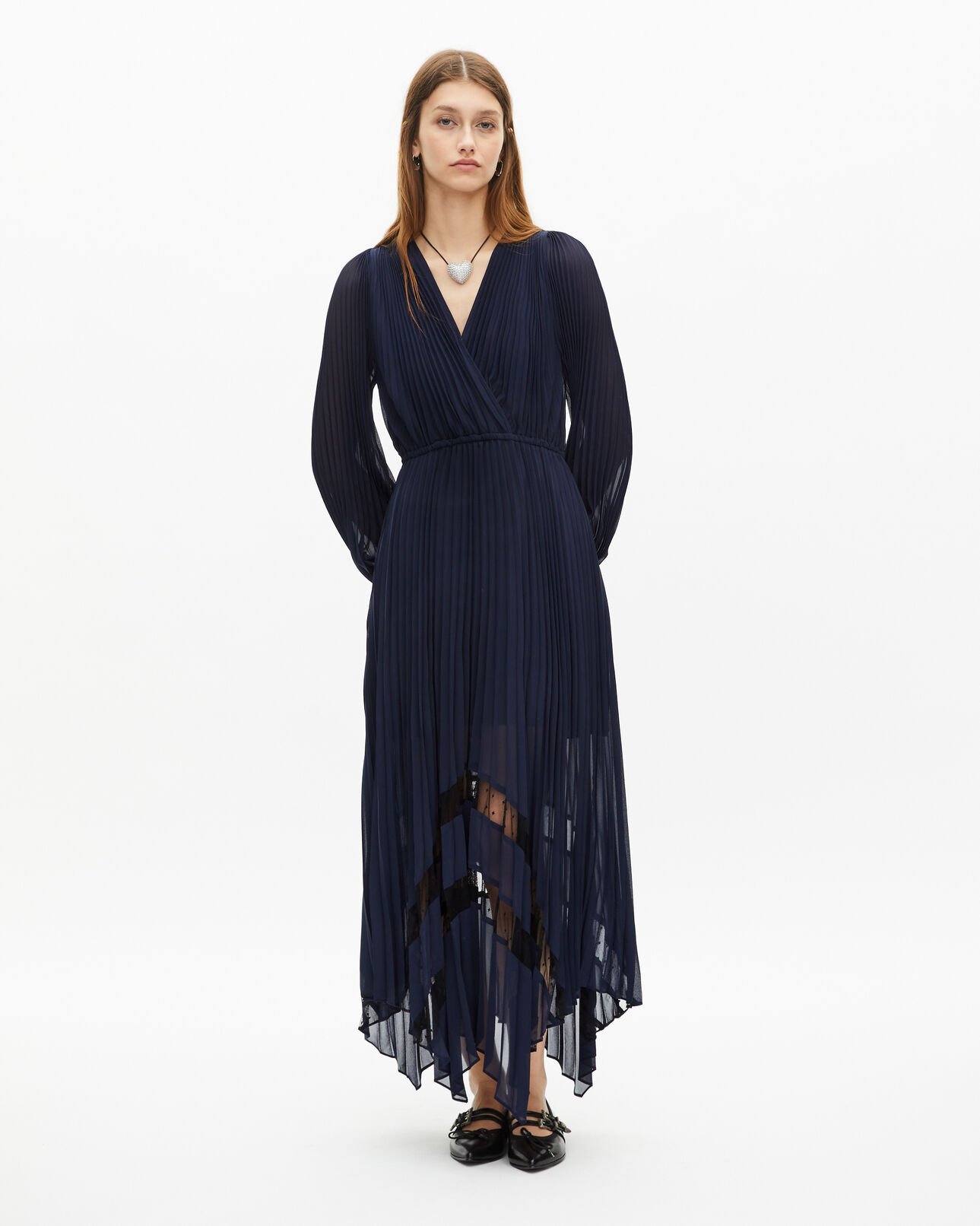 The Kooples DAMEN NAVY langes plisseekleid mit marineblauer spitze