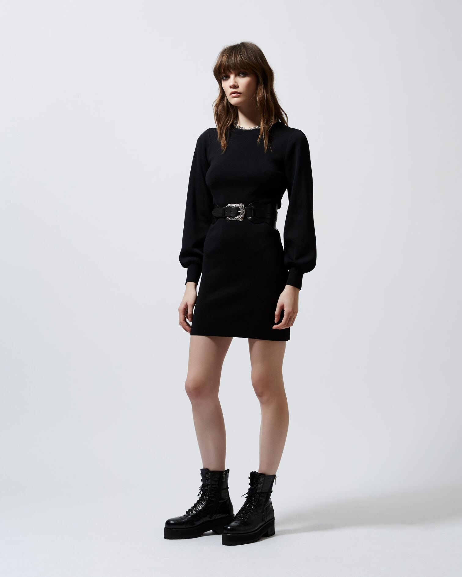 Fitted black short knitted dress, BLACK, hi-res image number null