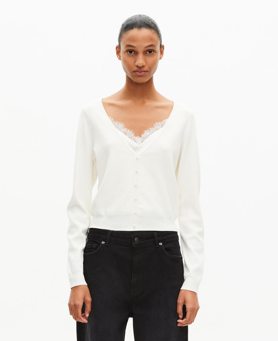 The Kooples FEMME LIGHT BEIGE pull effet trompe l'&oelig;il avec dentelle ecru