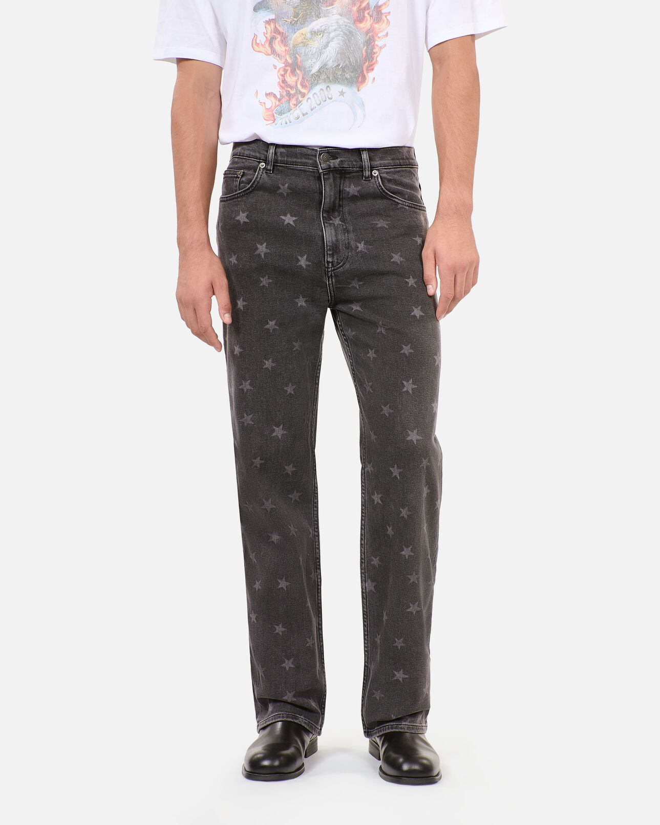 The Kooples HOMME BLACK WASHED jean droit imprimé étoiles