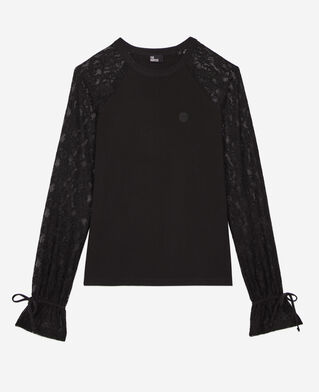 The Kooples FEMME BLACK WASHED t-shirt manches longues en dentelle noir