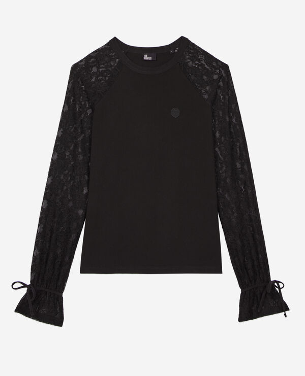 The Kooples WOMEN BLACK WASHED long-sleeved black lace t-shirt