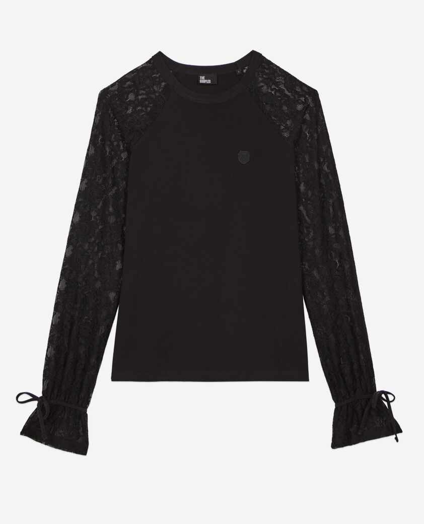 The Kooples FEMME BLACK WASHED t-shirt manches longues en dentelle noir