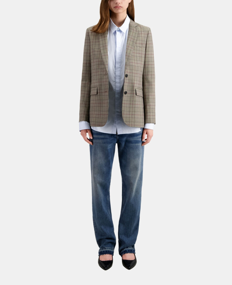 beige and burgundy prince of wales blazer