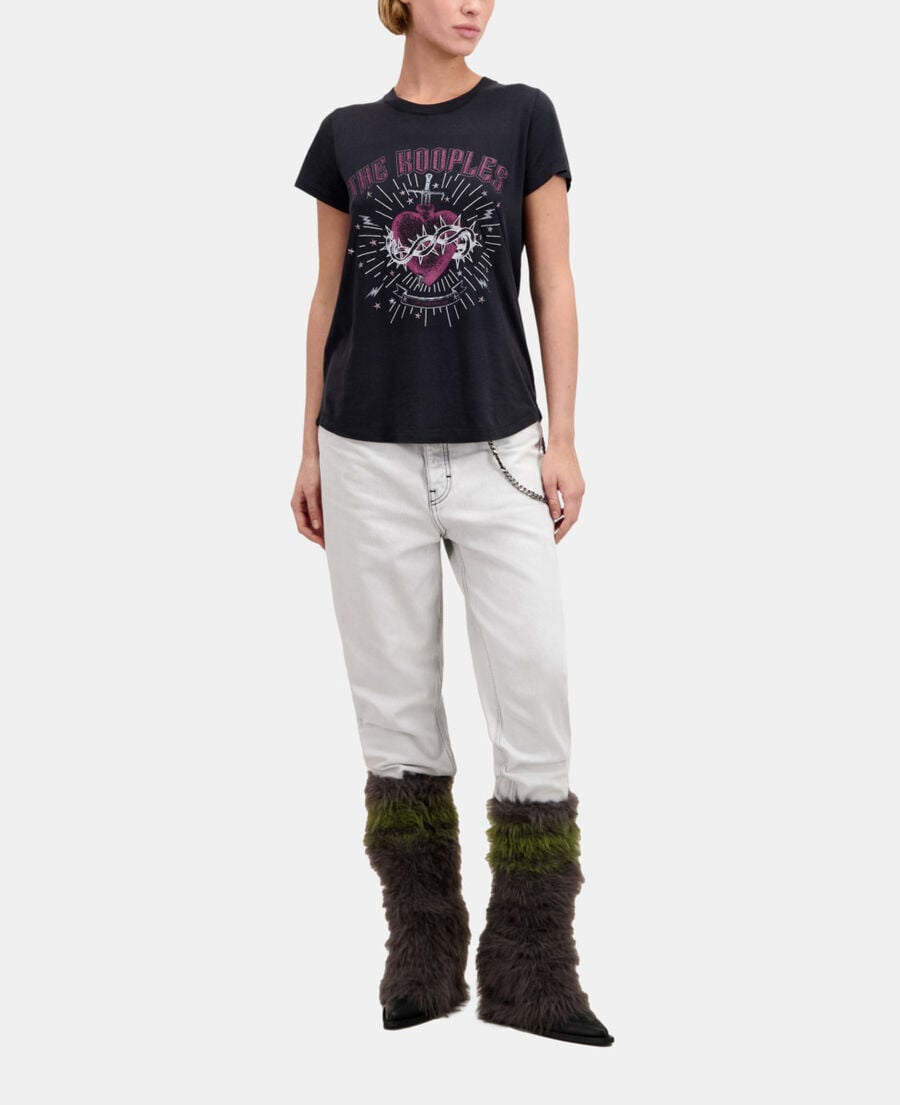 The Kooples F BLACK women's black t-shirt with dagger through heart serigraphy