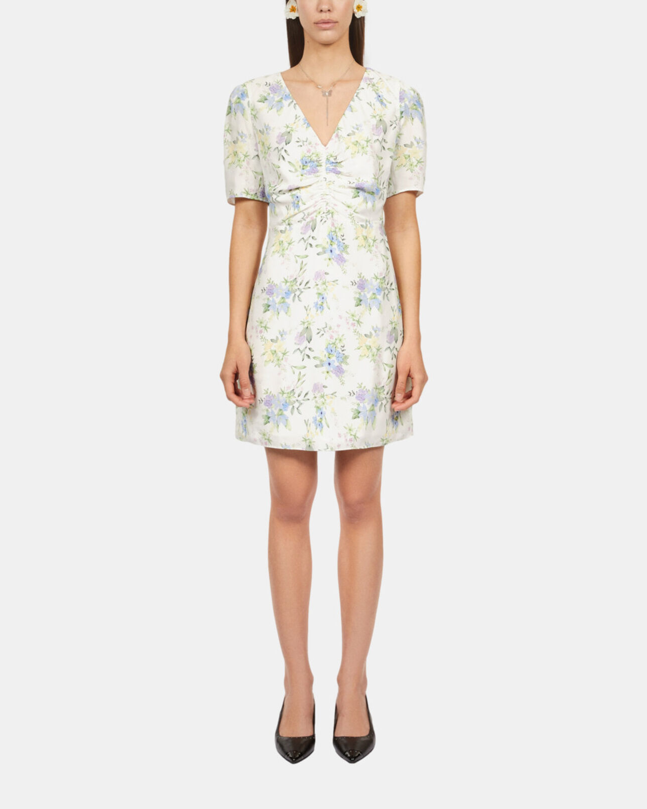 The Kooples WOMEN LIGHT BLUE/WHITE white floral short sleeve short dress with shirring