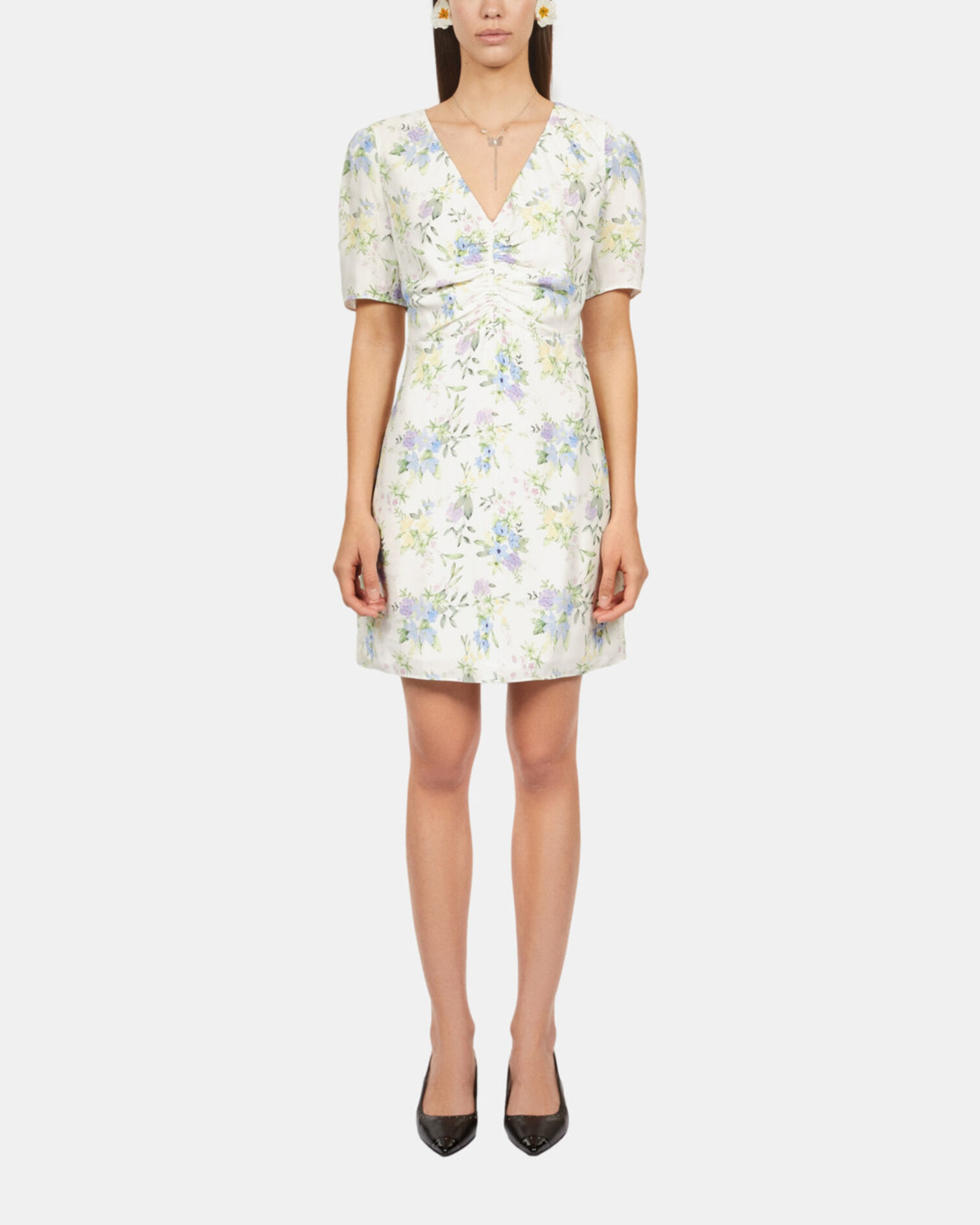 White floral short sleeve short dress with shirring, LIGHT BLUE/WHITE, hi-res image number null