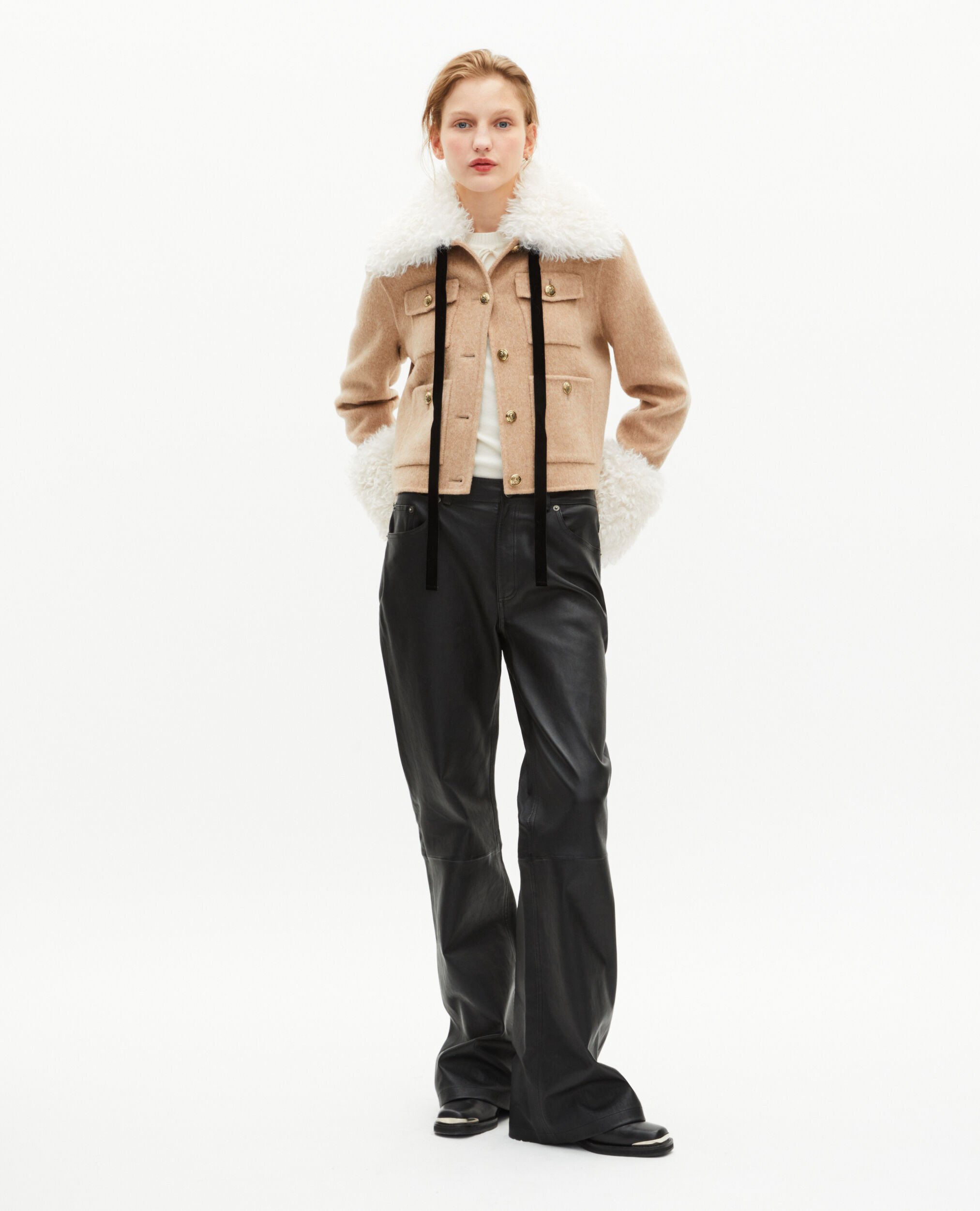 Chaqueta beige con cuello de sherpa, BEIGE LINEN, hi-res image number null