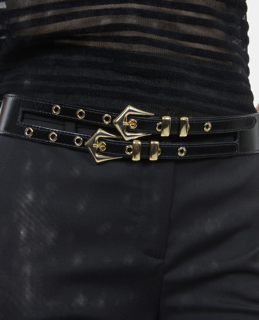 The Kooples WOMEN BLACK black leather double buckle belt