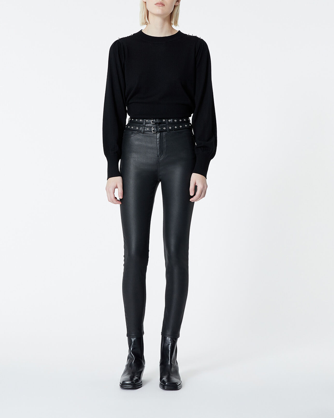 The Kooples WOMEN BLACK faux leather jeans with double belt