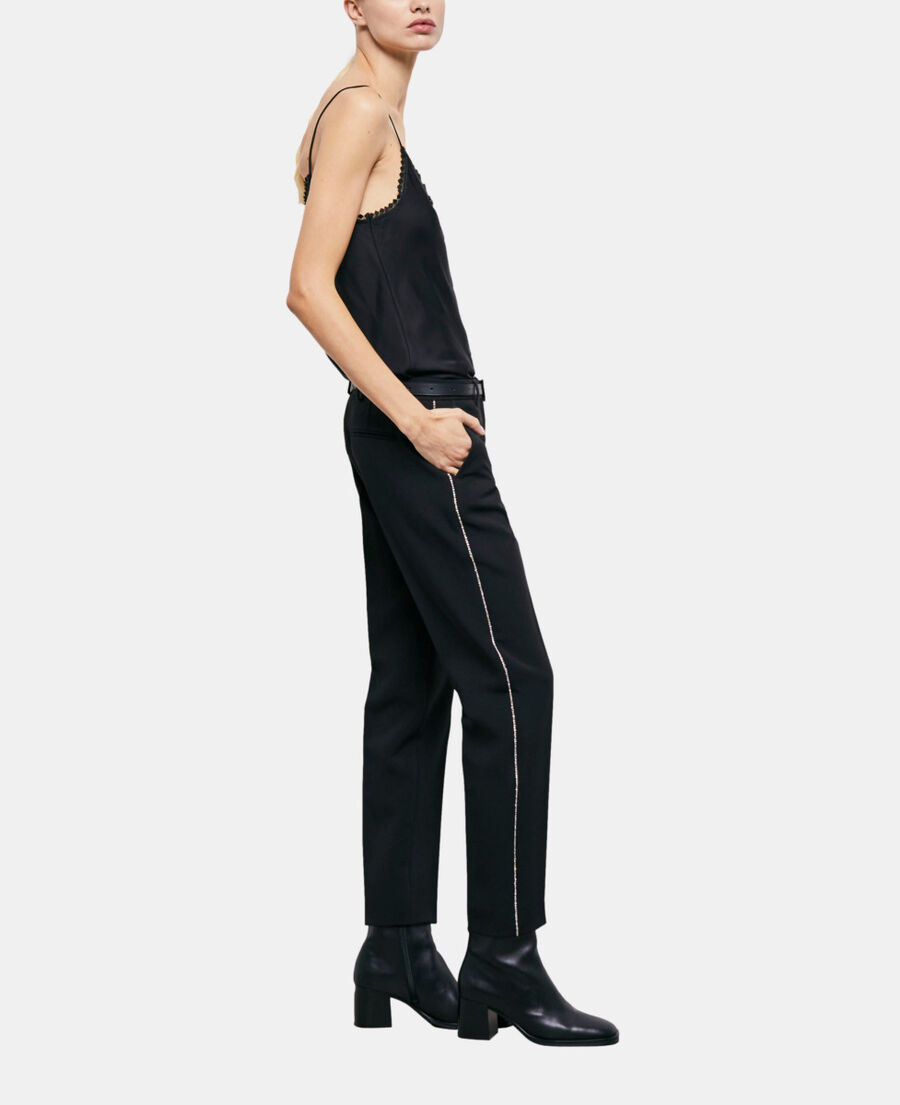 black suit pants with rhinestone details