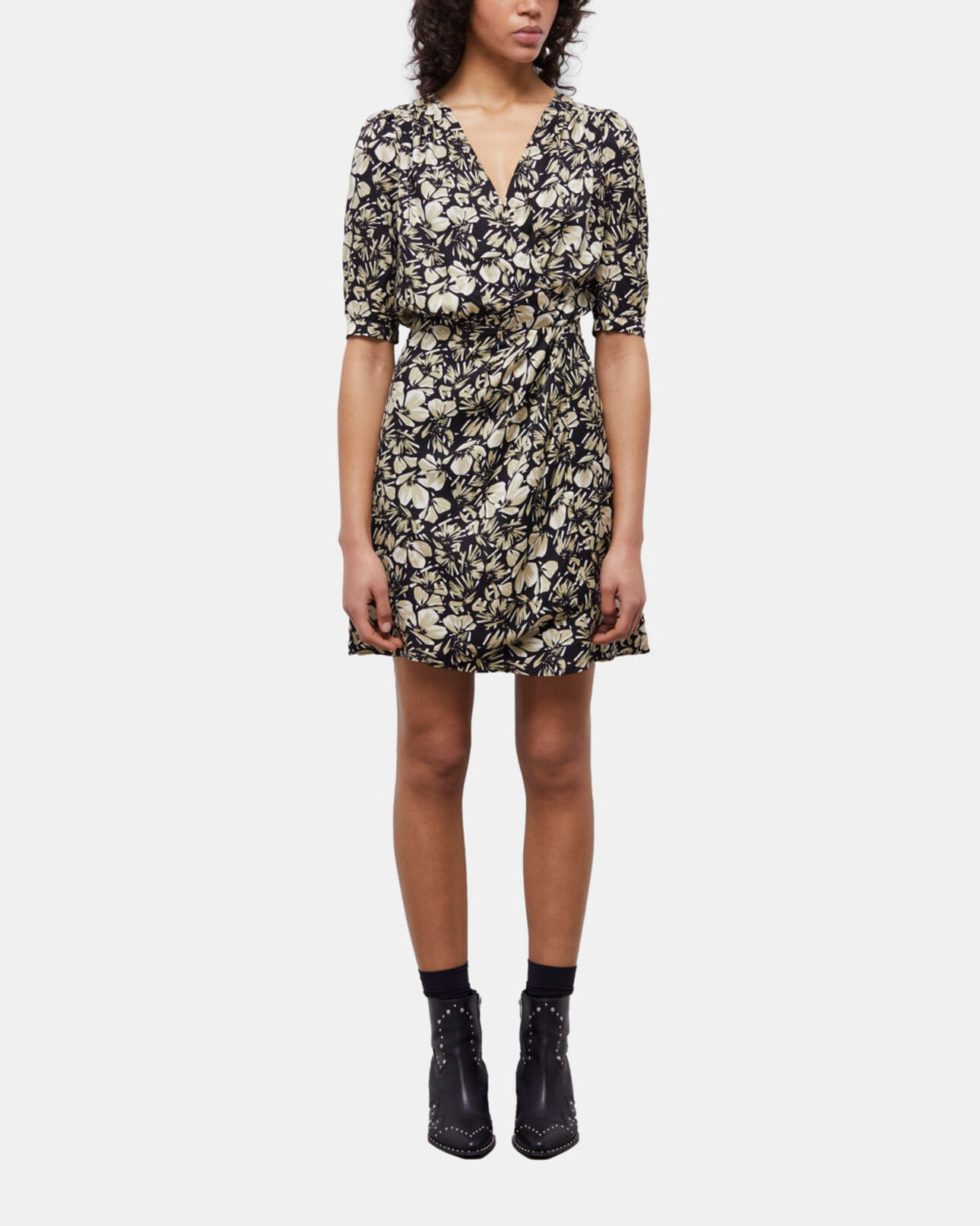 The Kooples WOMEN BLACK BROWN short printed wrap dress