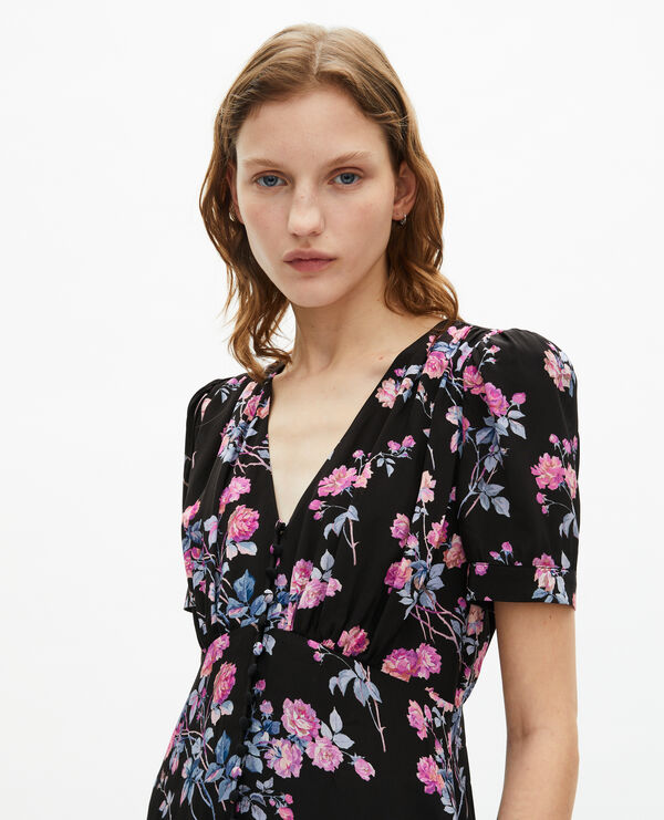 The Kooples FEMME BLACK / PINK robe longue imprimé fleuri noire
