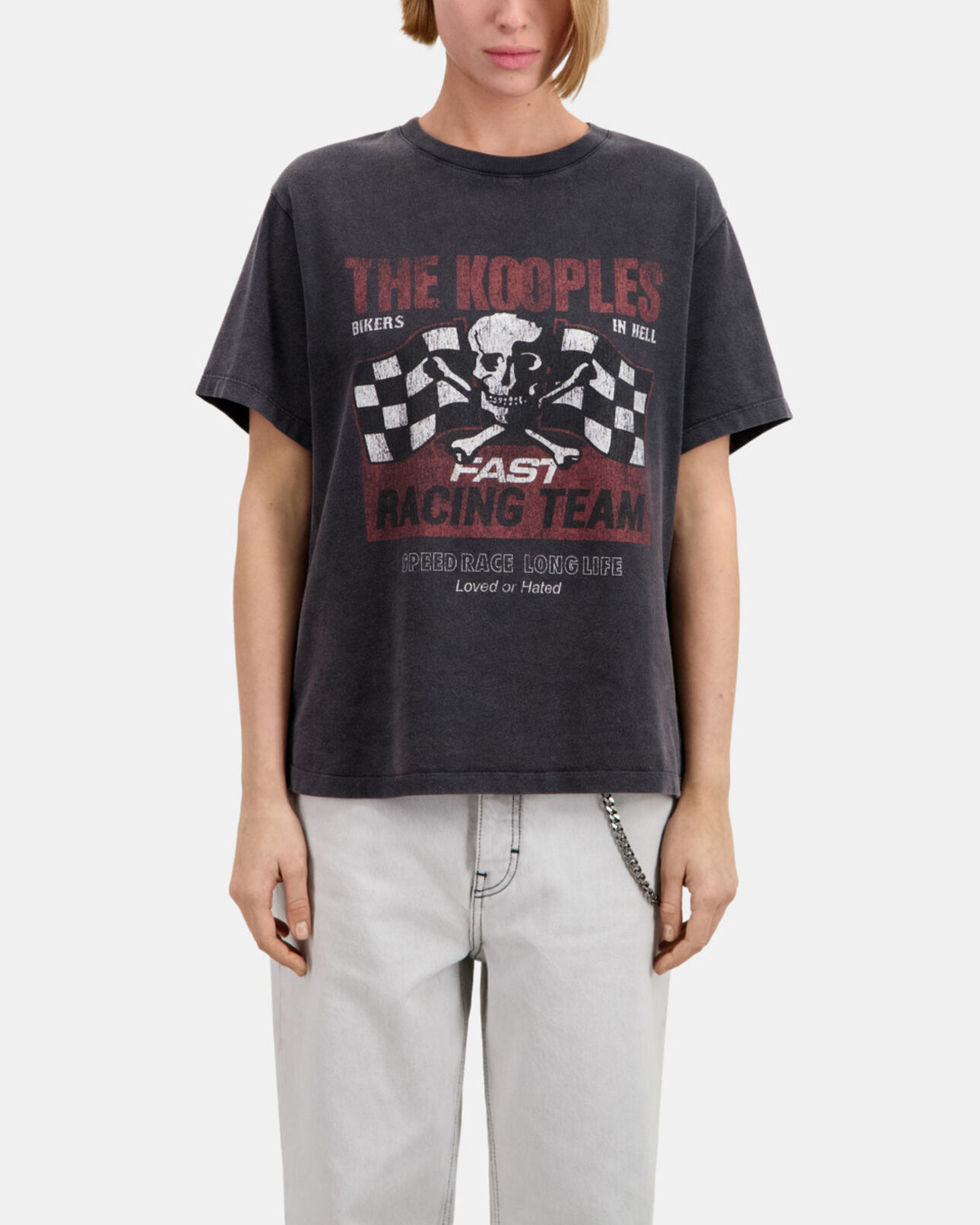 The Kooples WOMEN BLACK WASHED women's black t-shirt with racing skull serigraphy