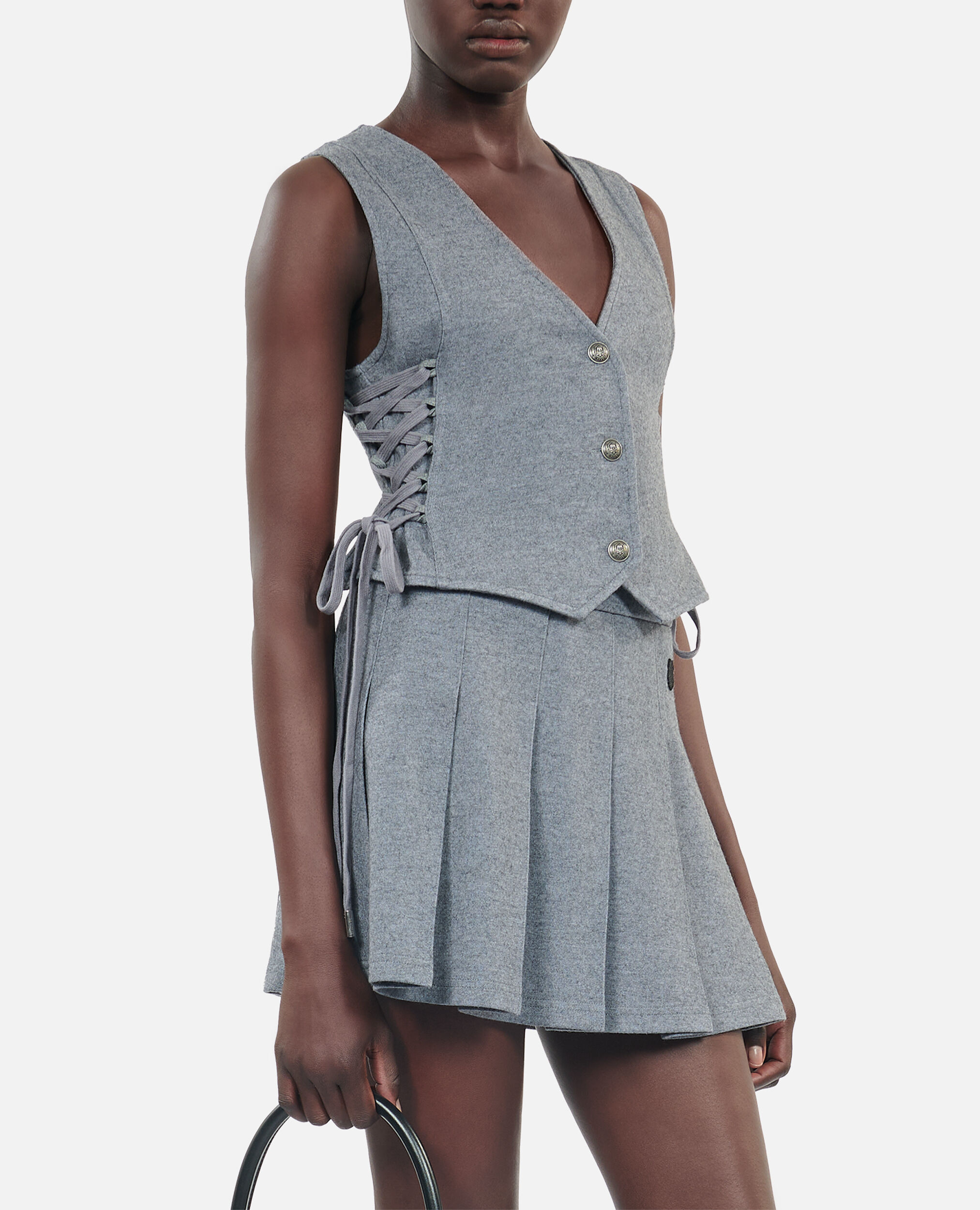Gilet en laine avec laçage gris, GREY MELANGE, hi-res image number null