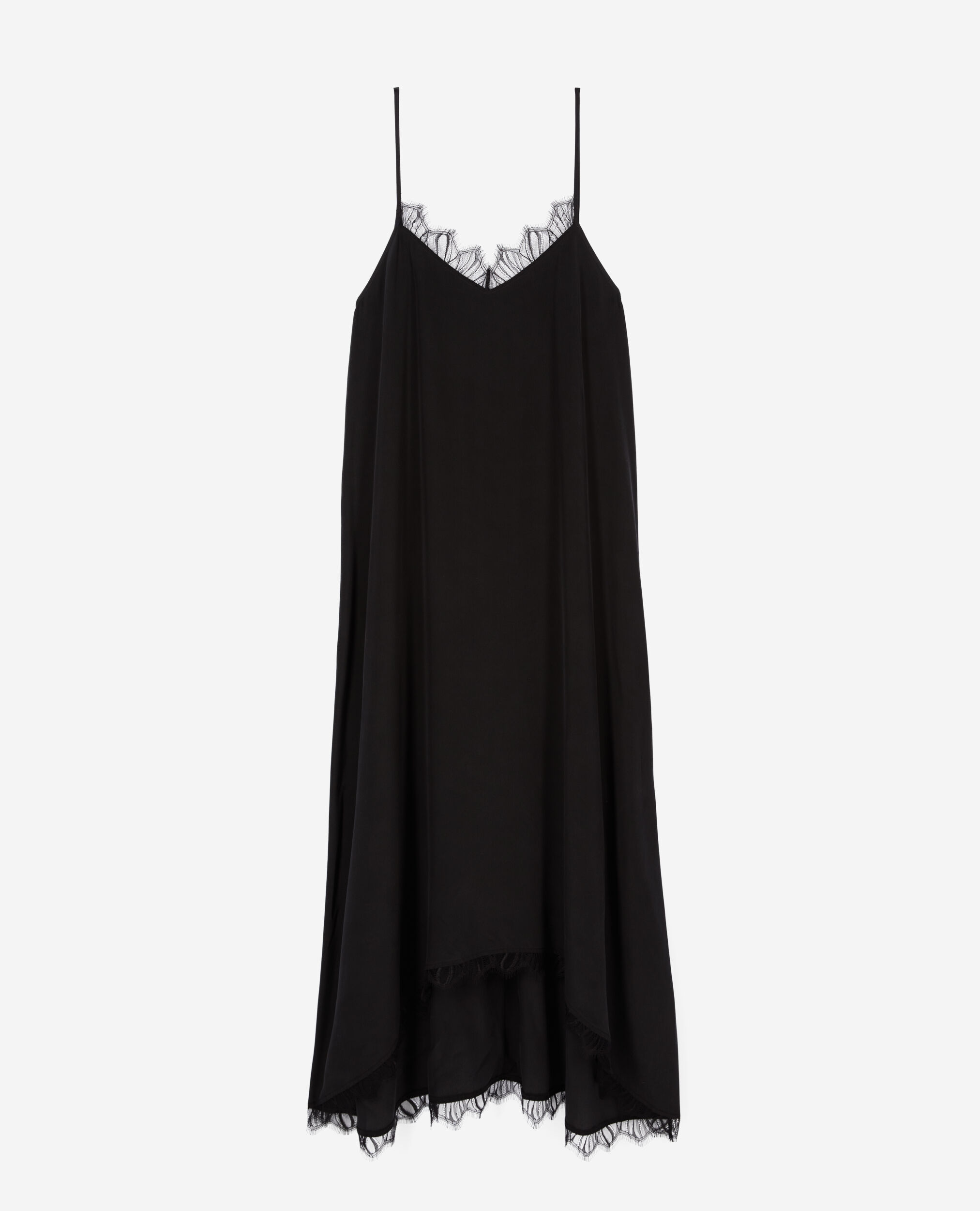 Long black slip dress in washed silk, BLACK, hi-res image number null