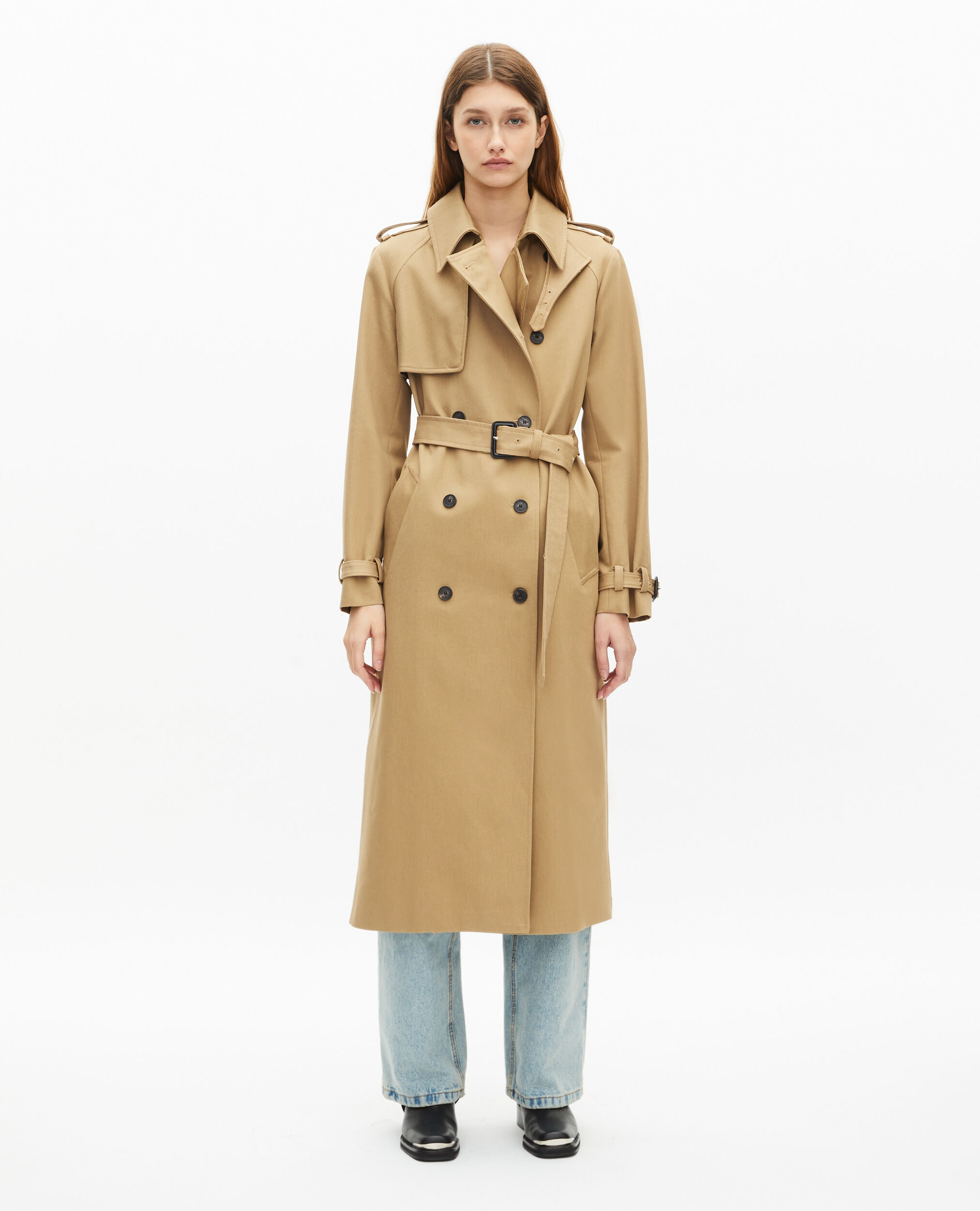Long beige cotton trench coat, BEIGE, hi-res image number null