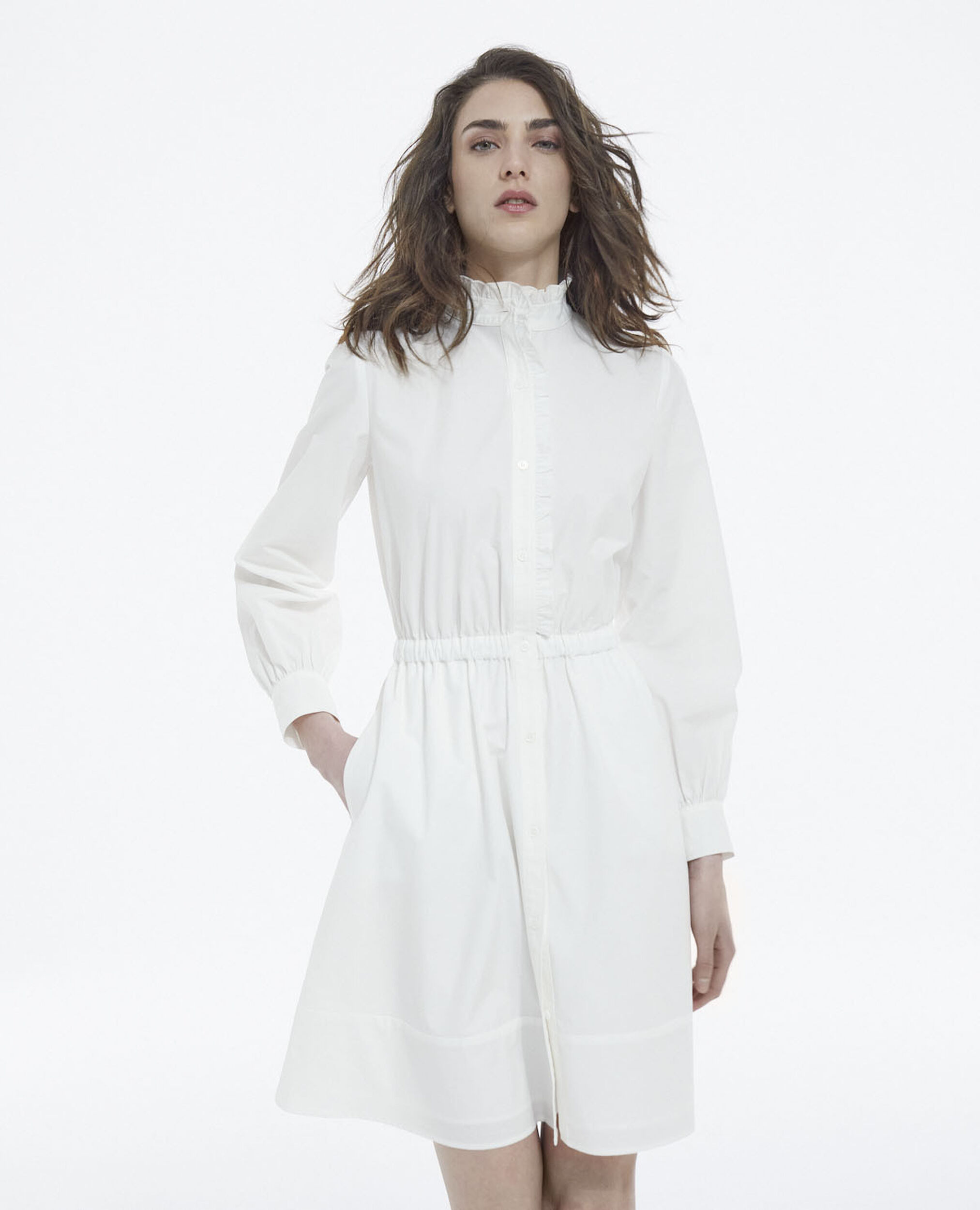 White cotton dress with buttoned high neck, WHITE, hi-res image number null