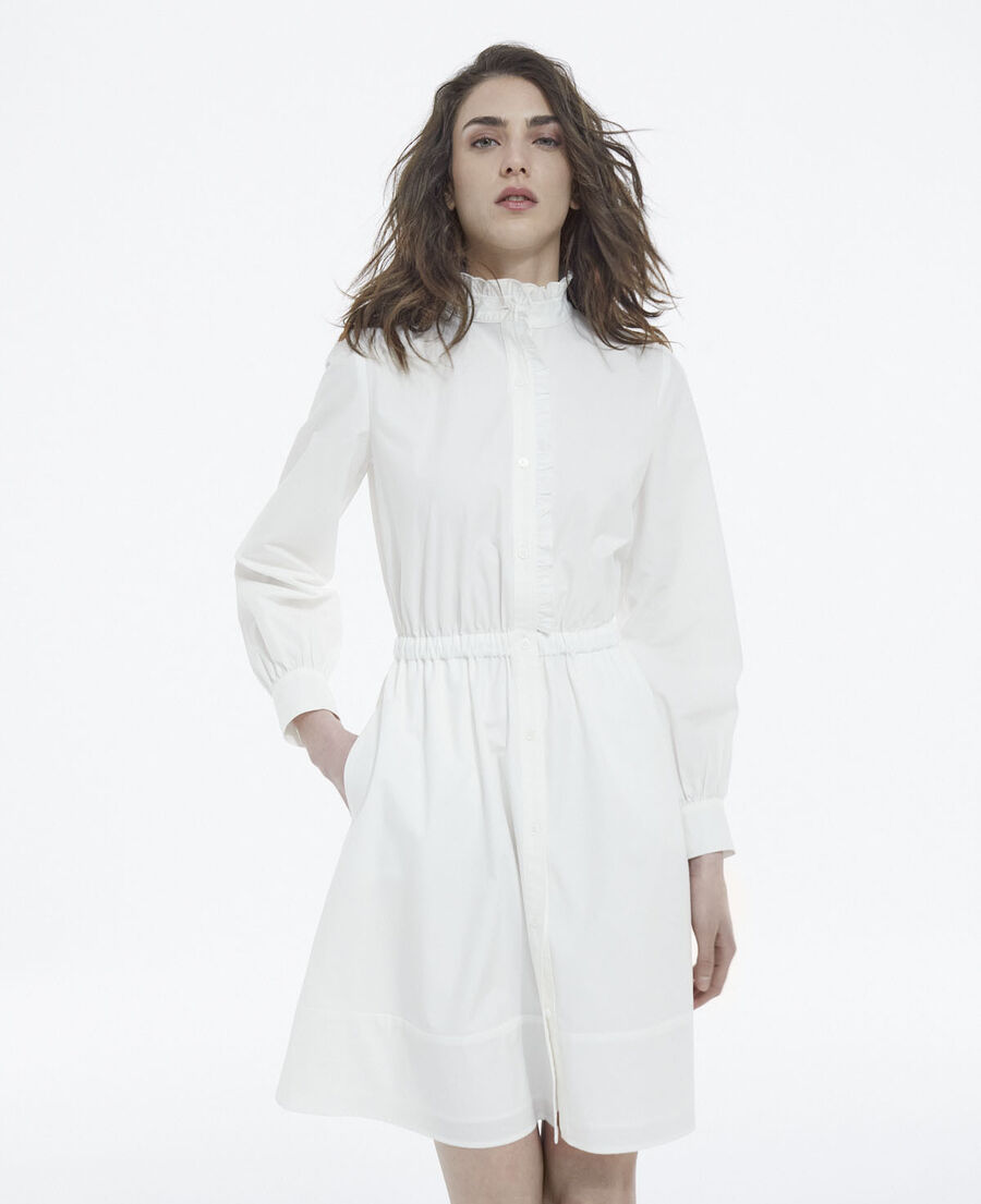 white cotton dress with buttoned high neck