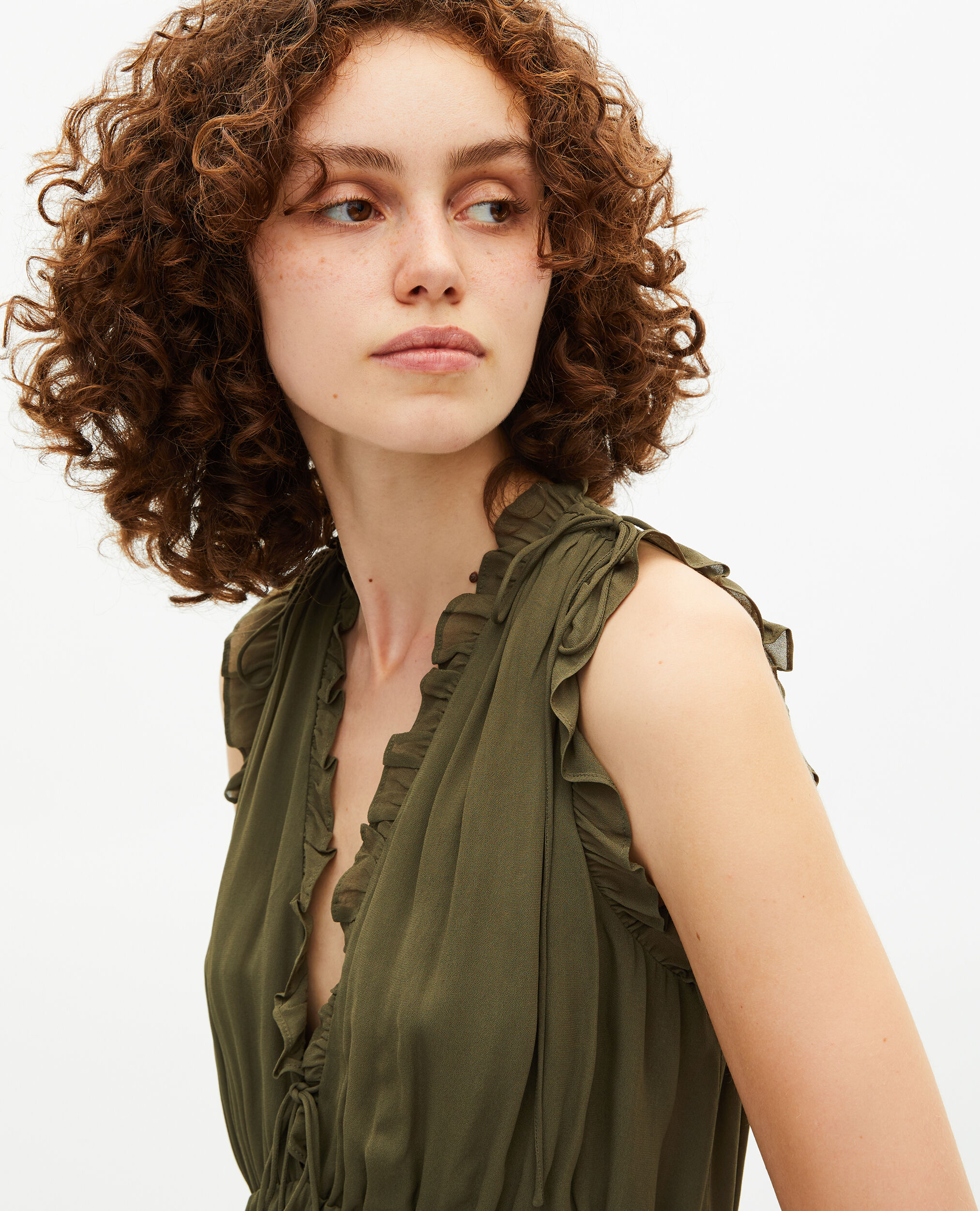Short dress with khaki ruffles, KAKI, hi-res image number null
