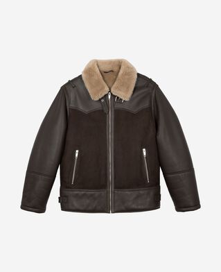 The Kooples FEMME BROWN peau lainée courte avec col sherpa marron