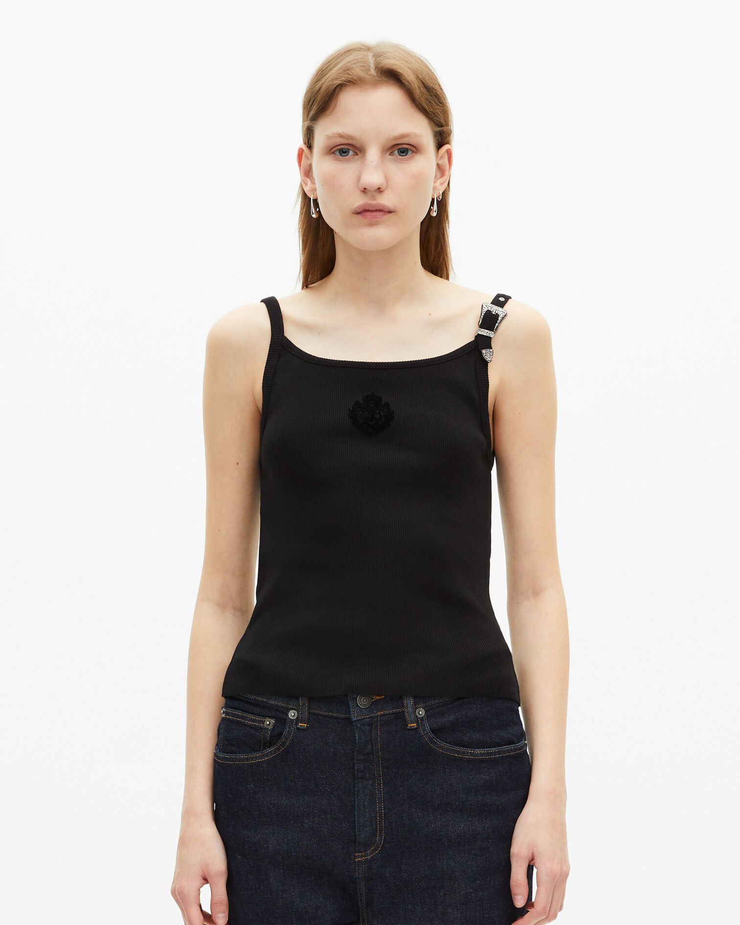 Black ribbed tank top, BLACK, hi-res image number null