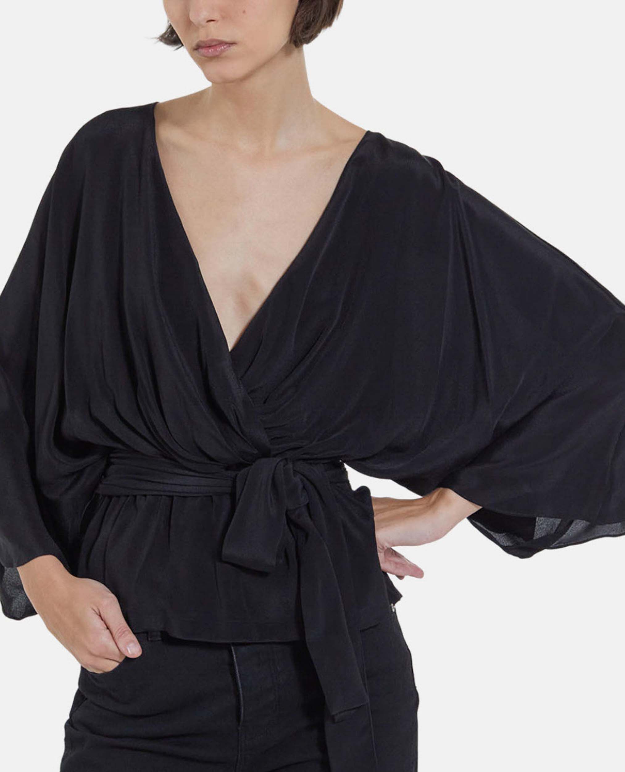 Top kimono negro manga larga drapeado, BLACK, hi-res image number null