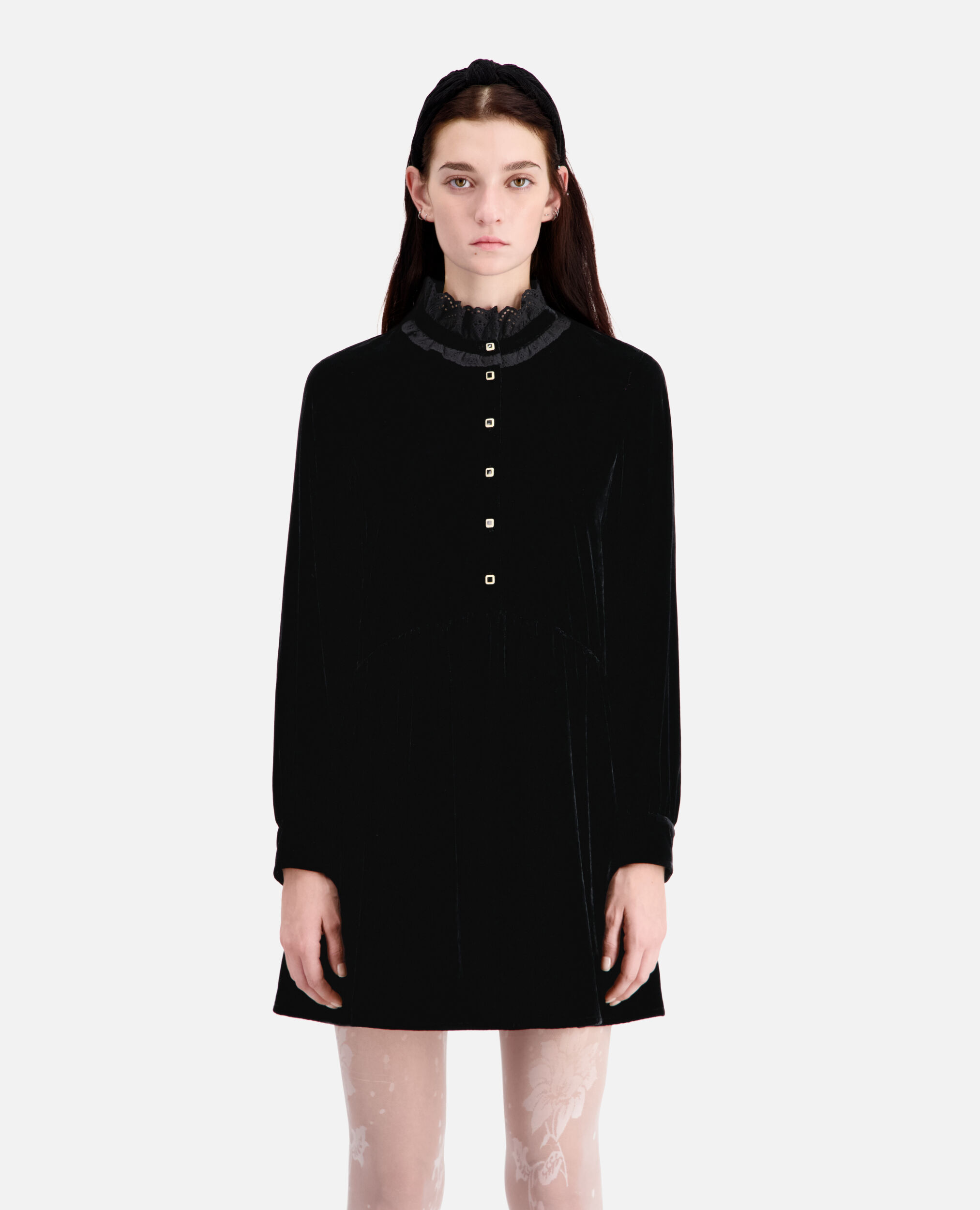 Short black velvet dress with bijou buttons, BLACK, hi-res image number null