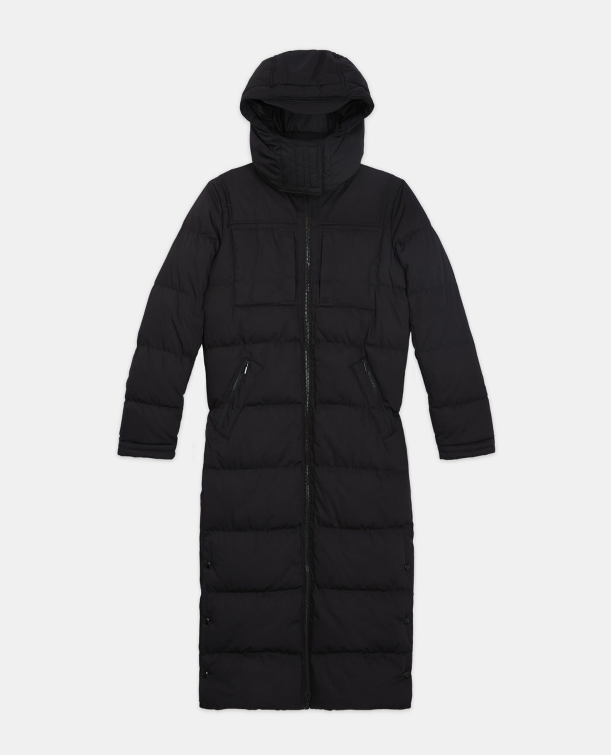 Long black down jacket with straps and logo, BLACK, hi-res image number null