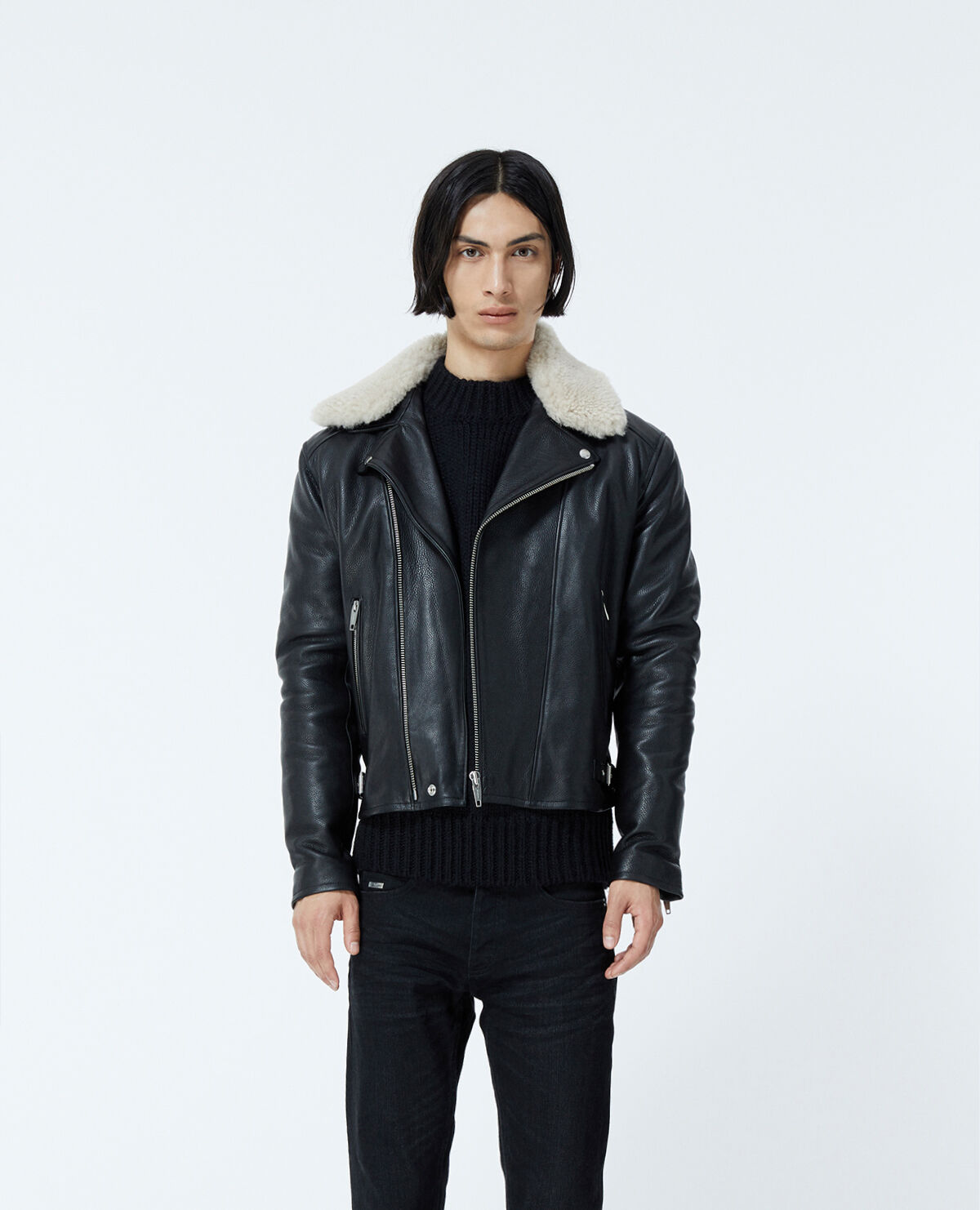 Black leather jacket with detachable sheepskin collar | The