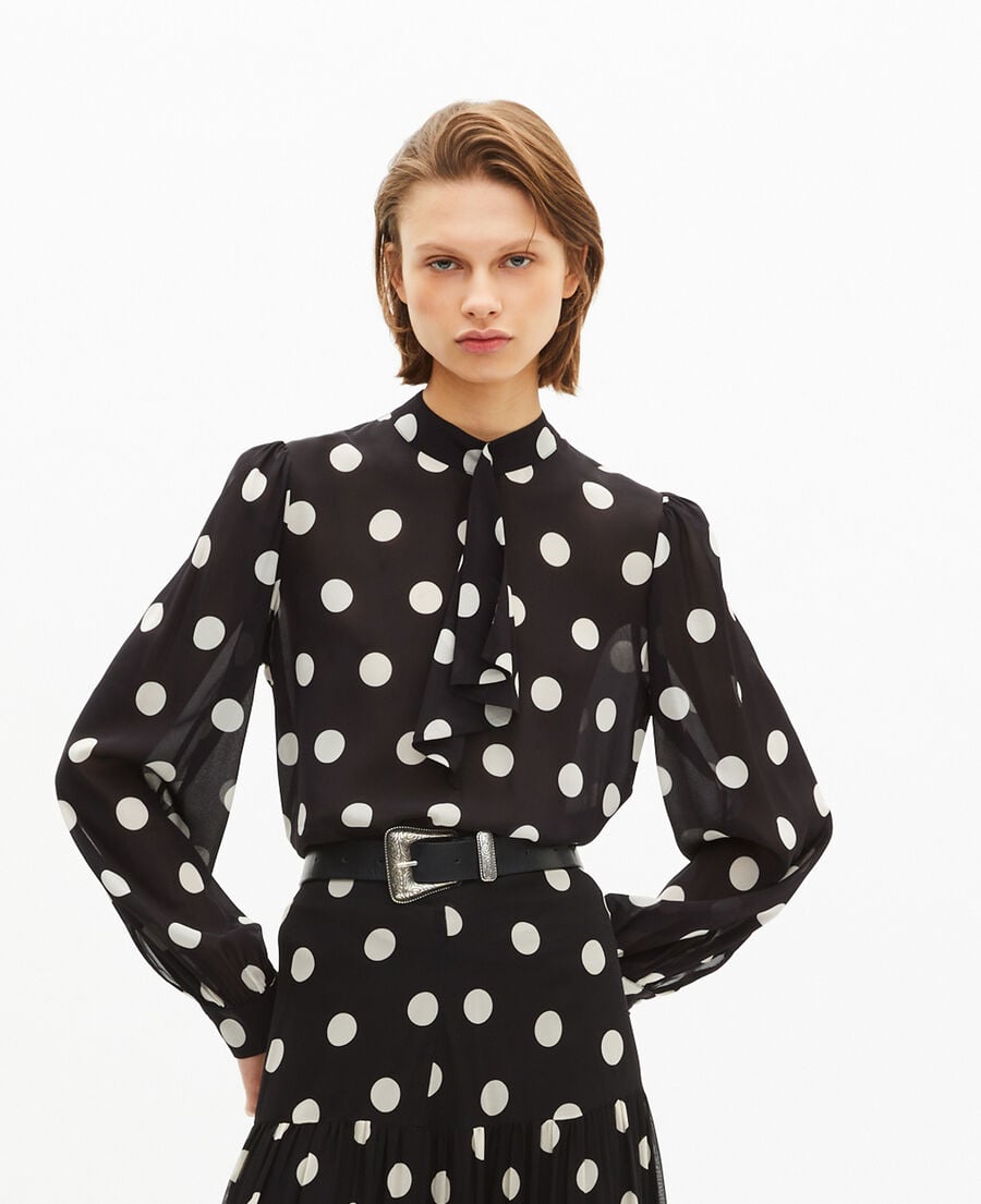 The Kooples FEMME BLACK WHITE top imprim&eacute; pois en soie m&eacute;lang&eacute;e noir