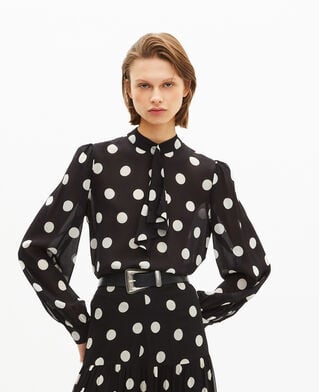 The Kooples FEMME BLACK WHITE top imprim&eacute; pois en soie m&eacute;lang&eacute;e noir