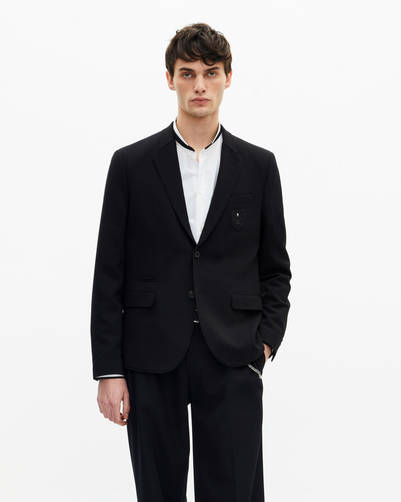The Kooples MEN BLACK straight-cut black wool piqué jacket