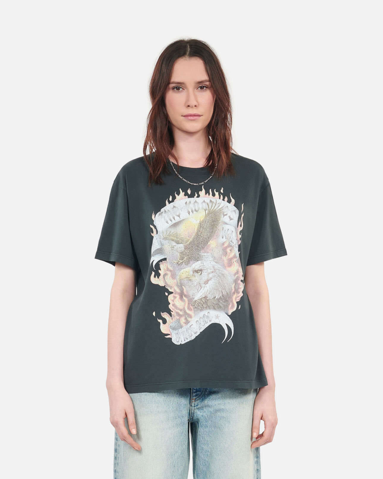 The Kooples WOMEN BLACK WASHED black eagles on fire serigraphy t-shirt