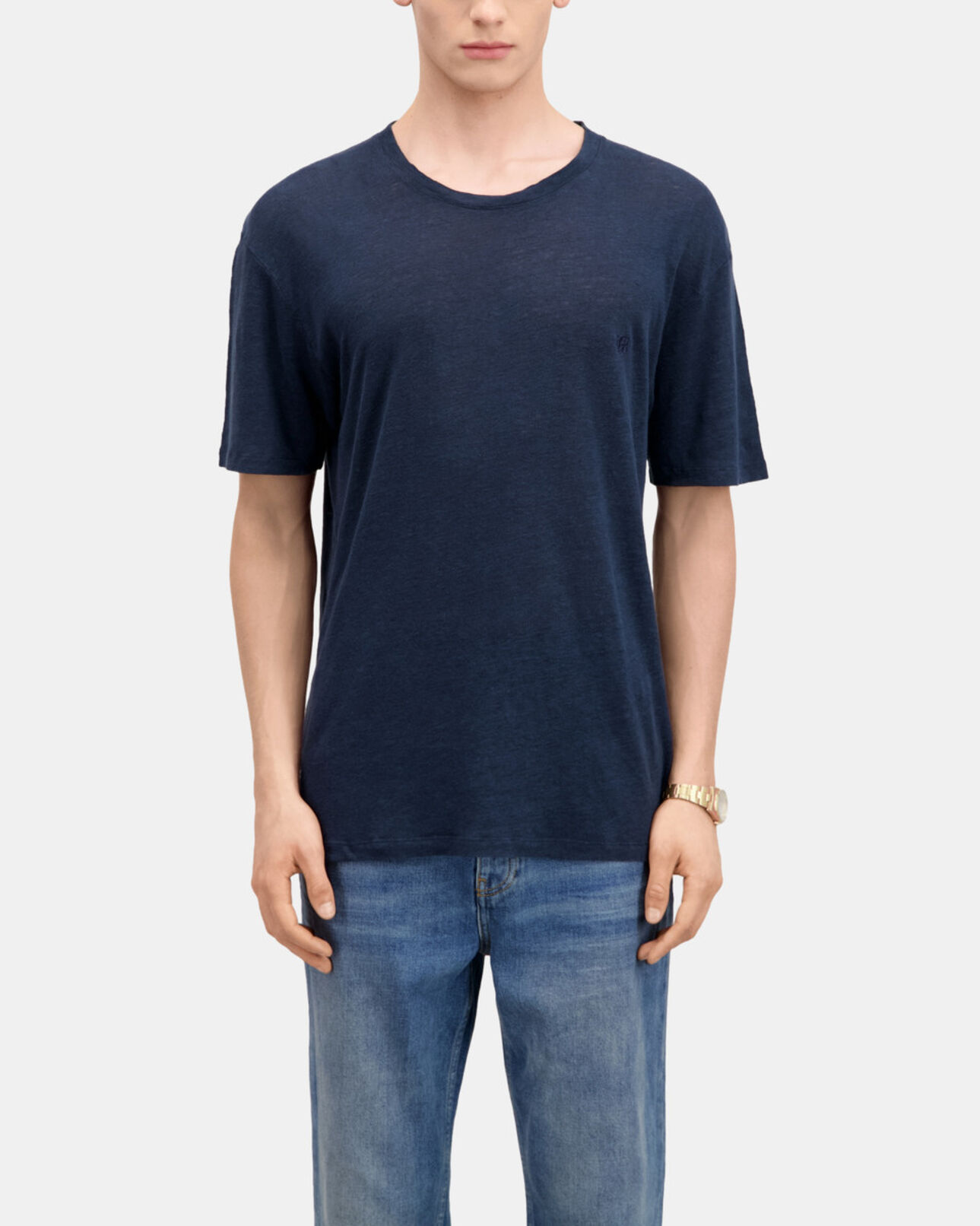 The Kooples MEN NAVY men's navy blue linen t-shirt with blazon