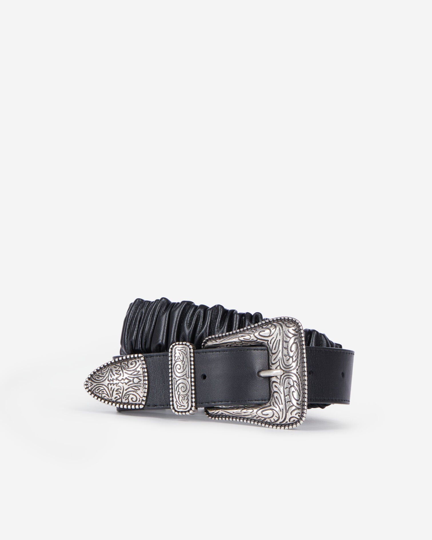 Wide black gathered leather belt, BLACK, hi-res image number null
