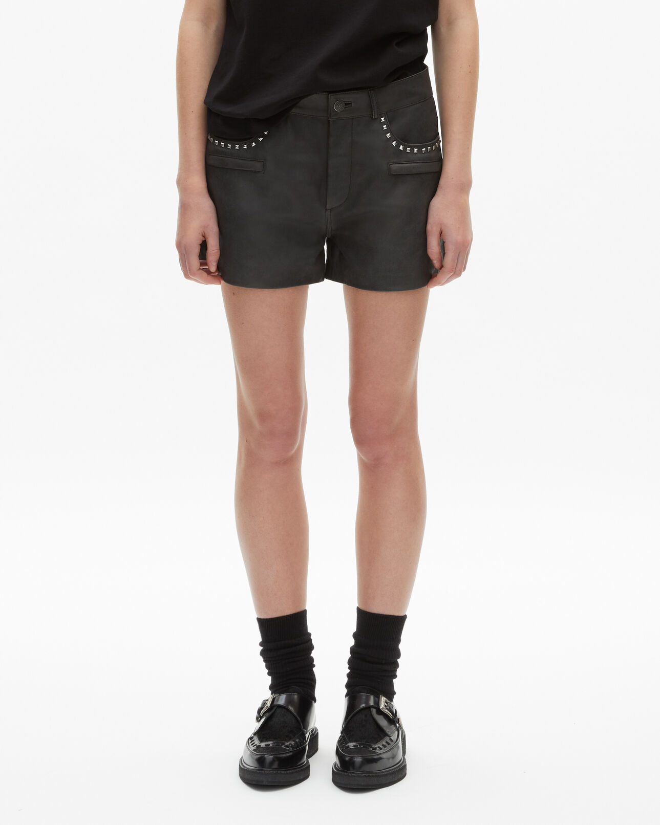 The Kooples WOMEN BLACK STONE black leather shorts