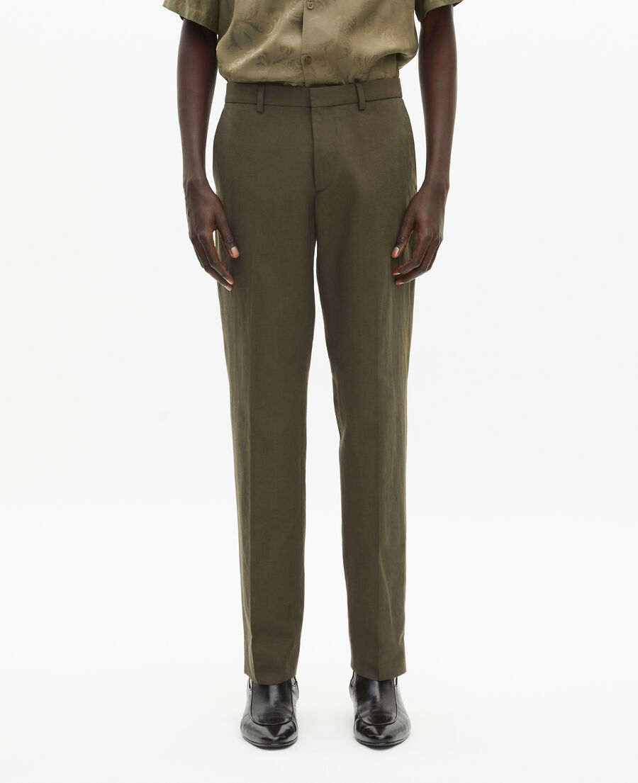 The Kooples MEN KAKI straight suit pants in khaki cotton linen