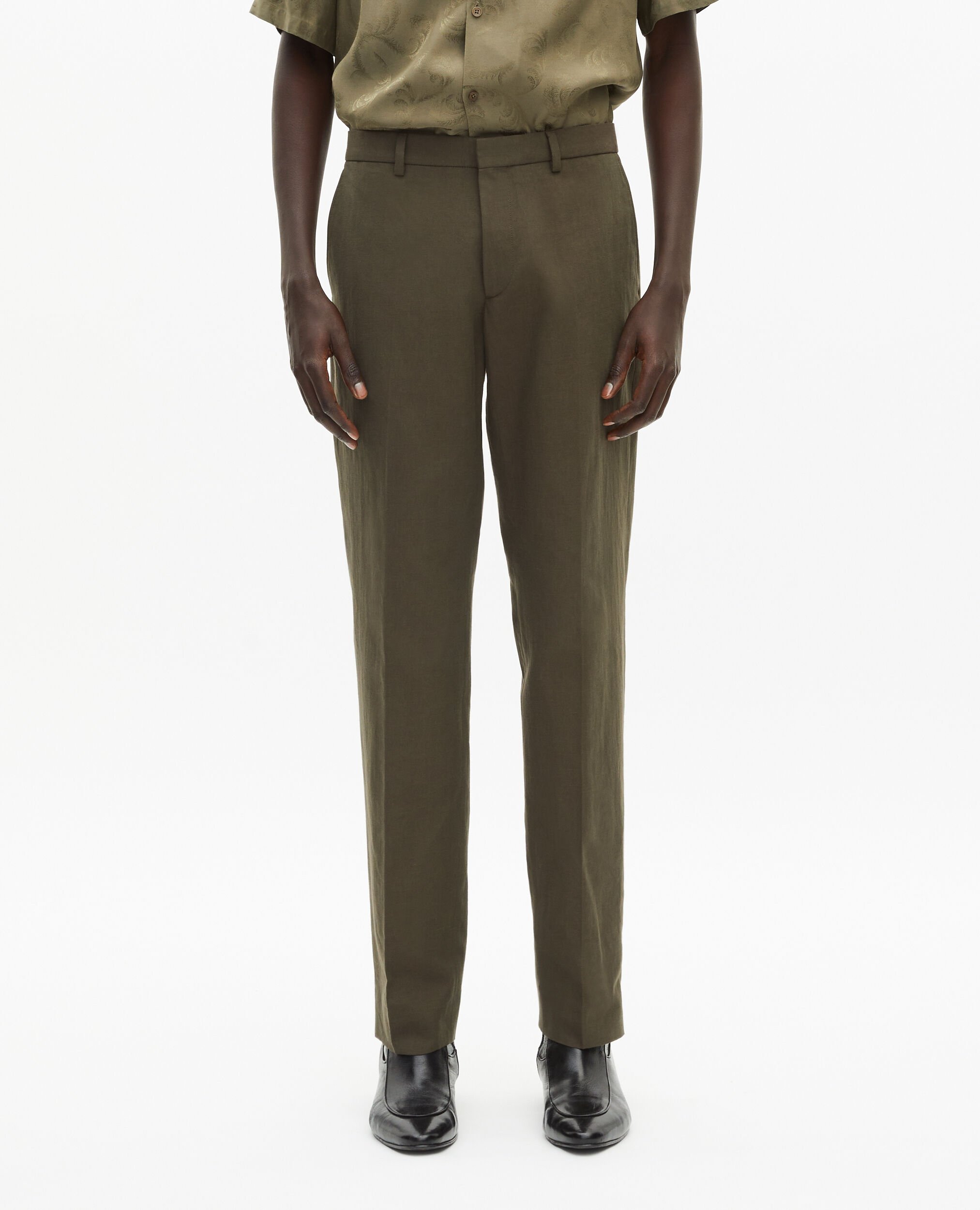 Pantalon de costume droit en coton lin kaki, KAKI, hi-res image number null